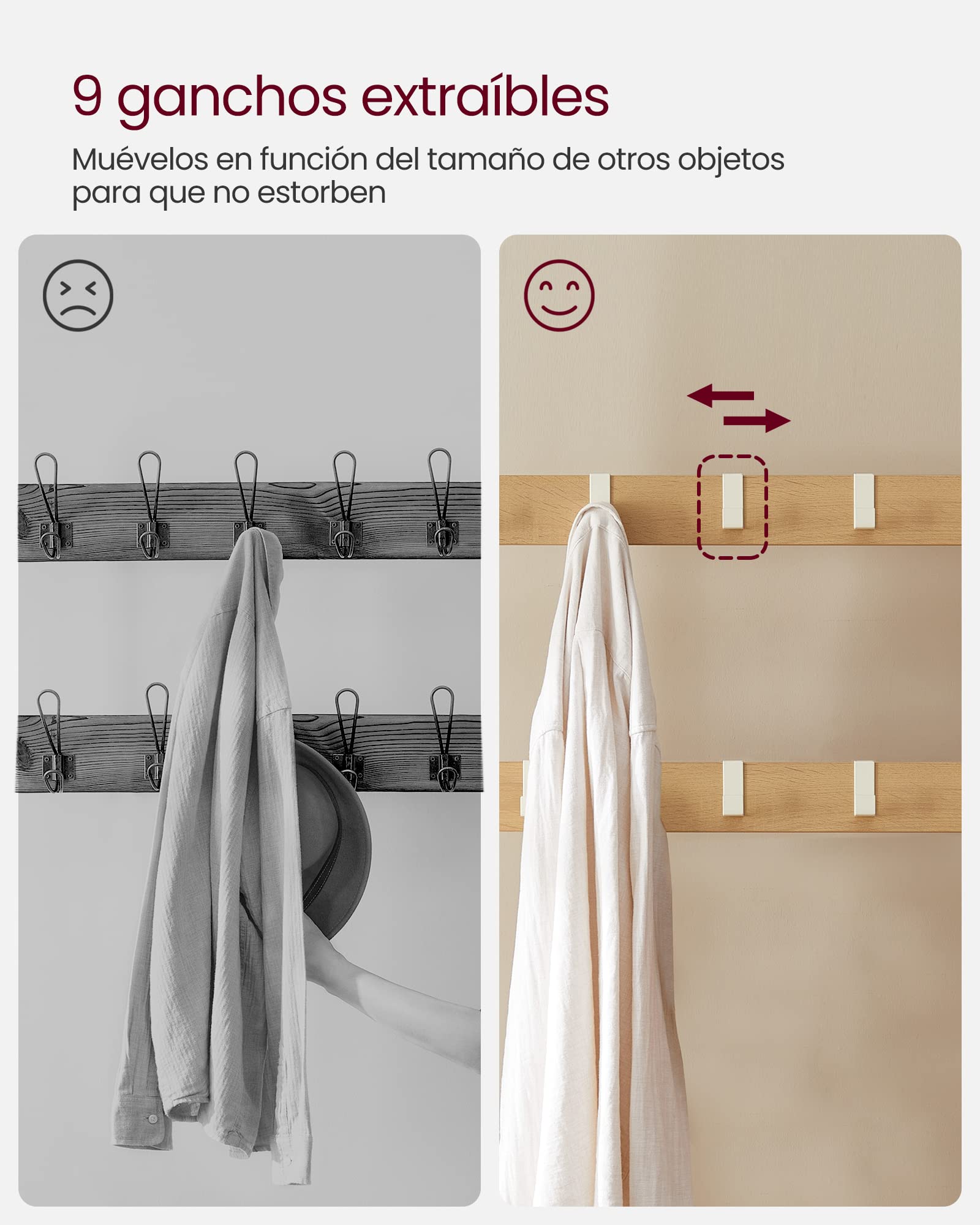 VASAGLE Perchero Zapatero, Perchero con Banco Recibidor, 4 en 1, 9 Ganchos Extraíbles, Barra Superior, para Entrada Pasillo, 33,7 x 72 x 183 cm, Moderno, Roble y Blanco HSR40W