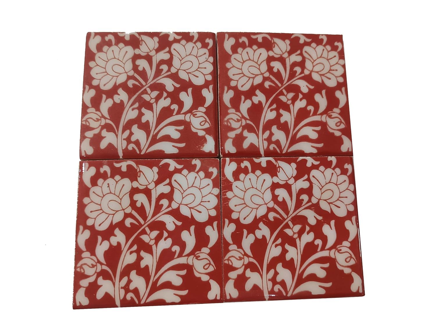 Blue Pottery Home Decorative Ceramic Wall Hanging Tile Design Flooring Tiles Floral Kitchen Washroom Mosaic Furniture Tile Handmade Backsplash 3 x 3 Inches (Pack of 10, Red)