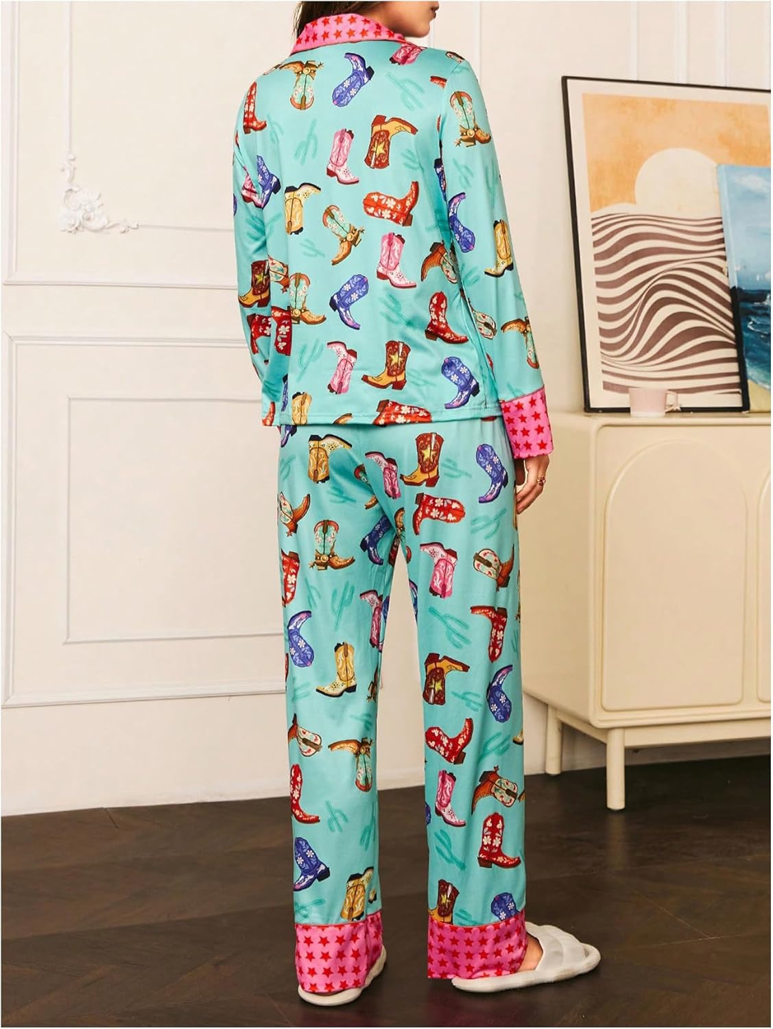 SHENHE Women's Western Cowgirl Boots Star Print Long Sleeve and Pants 2 Piece Pajama Set - Image 2