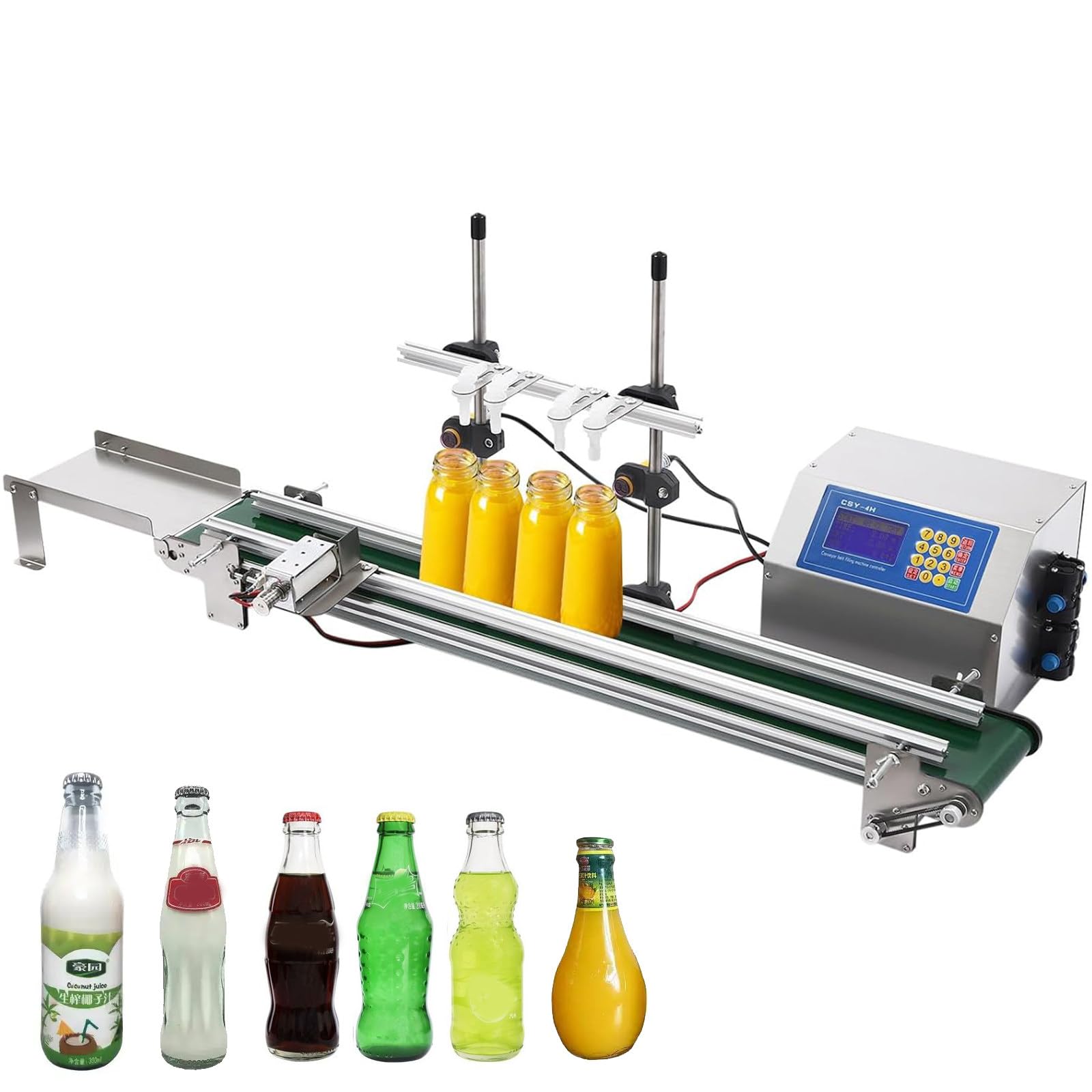 Automatyczna linia napełniania płynów 400 w, wyposażona w 4 regulowane dysze I taśmociąg – butelek o pojemności 10–300 ml / 20–5000 ml, do soków, wina I detergentów. 4h3200