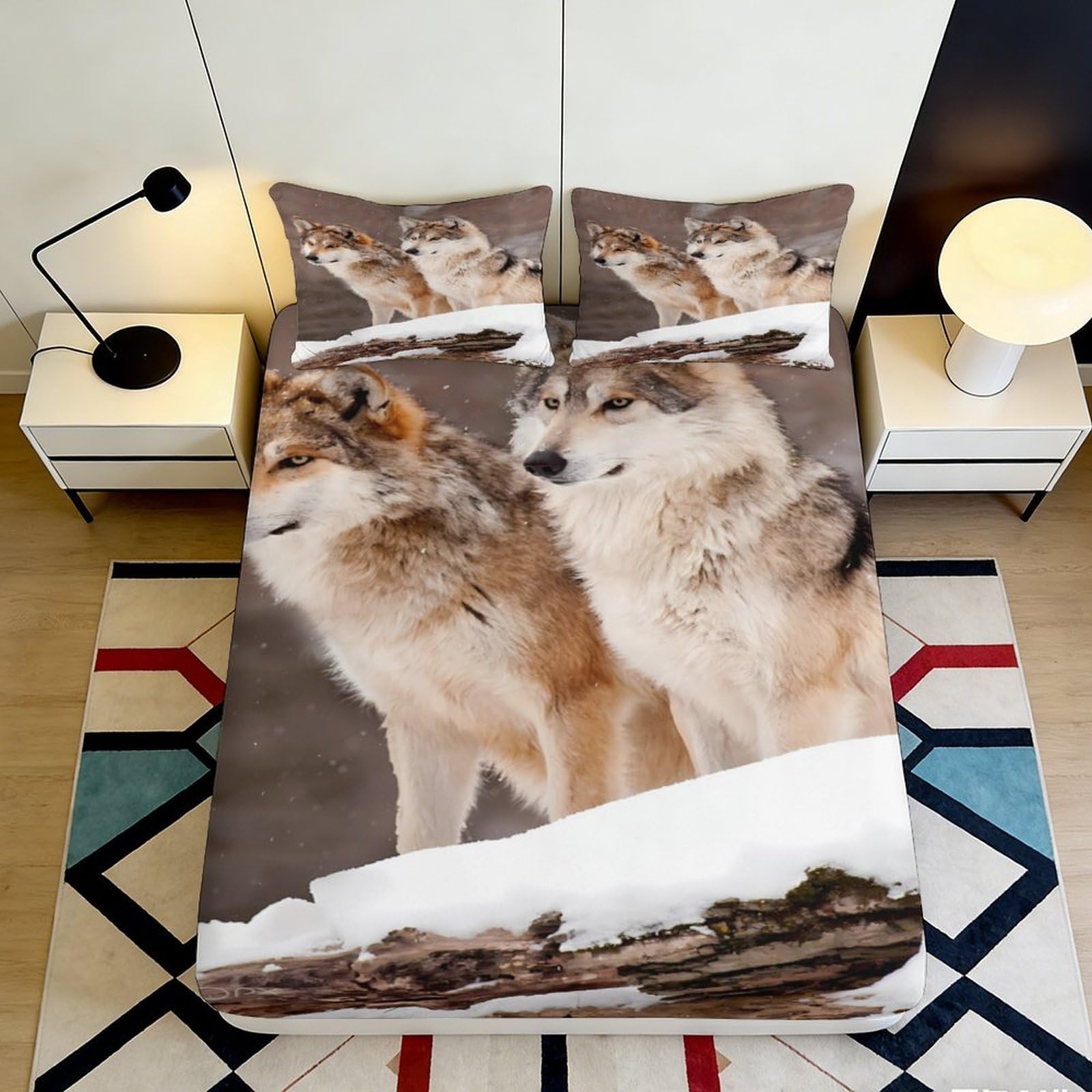 3D Printed Snow Wolf Fitted Sheet Microfiber Soft Anti-Slip Forest Wolf Mattress Cover for Bedroom Dorm Room Decor 160x200x25cm