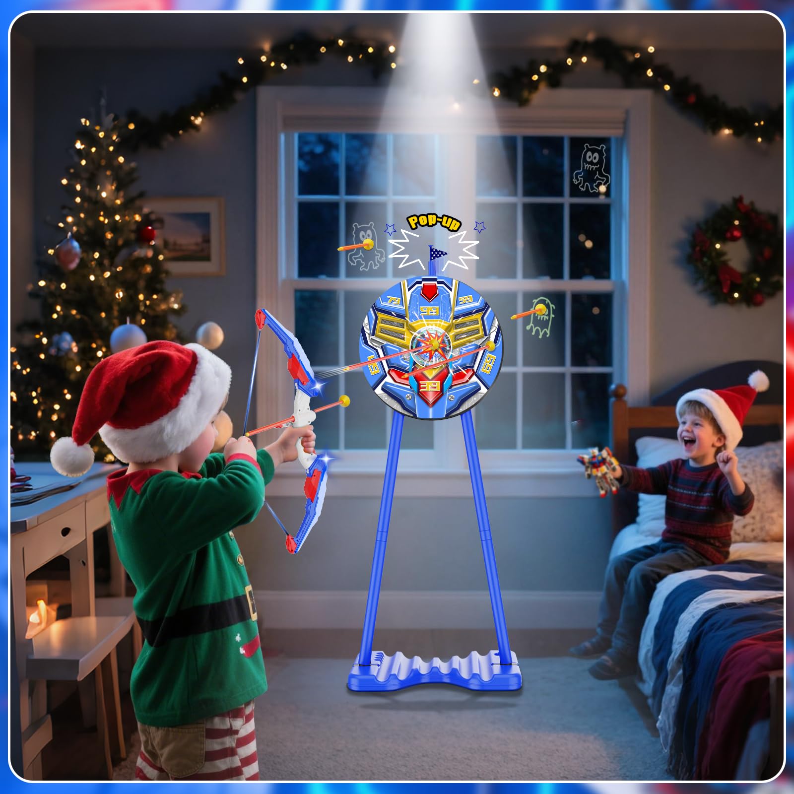 DX DA XIN Tiro a l Arco Bambini Giocattolo 2 Pack - Bersaglio di feedback in piedi Arco e Freccia con LED Luci 20 Frecce 2 Cuochi Interni Esterni Sportivi Giocattolo Ragazzo 4-12 Anni Regali Creativi