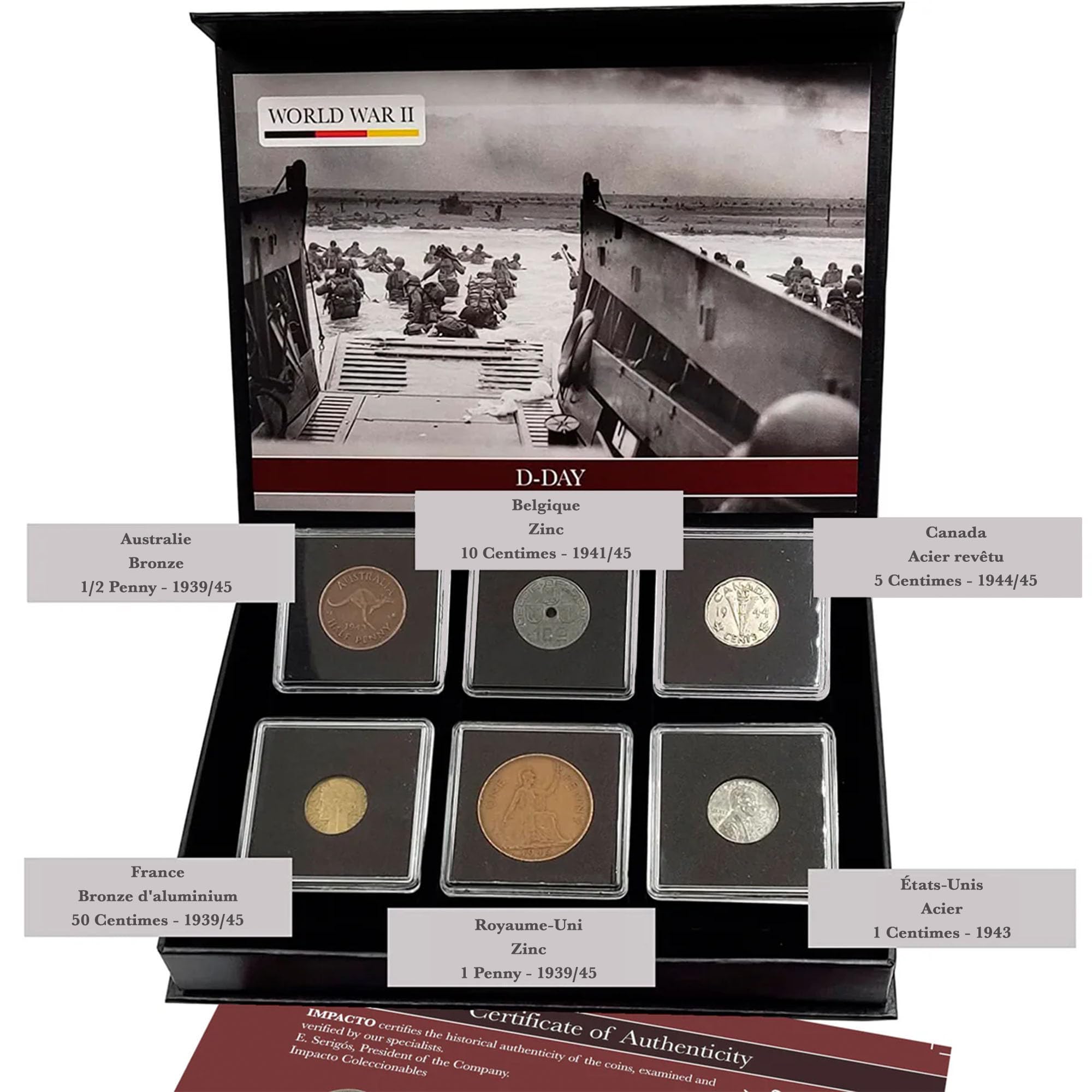 IMPACTO COLECCIONABLES Collection de 6 Monnaies Authentiques de la Seconde Guerre Mondiale - Débarquement de Normandie (D-Day 1944) - Coffret de Collection avec Certificat d’Authenticité