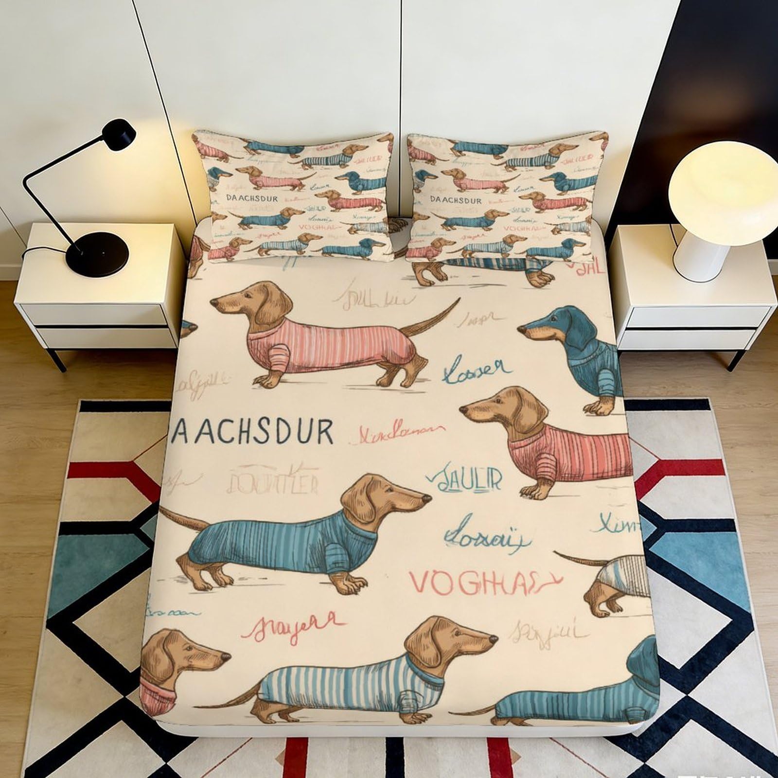 3D Printed Dachshund Fitted Sheet Microfiber Soft Breathable Cartoon Dog Bed Cover for Bedroom Guest Room Dorm Decor 90x200x25cm
