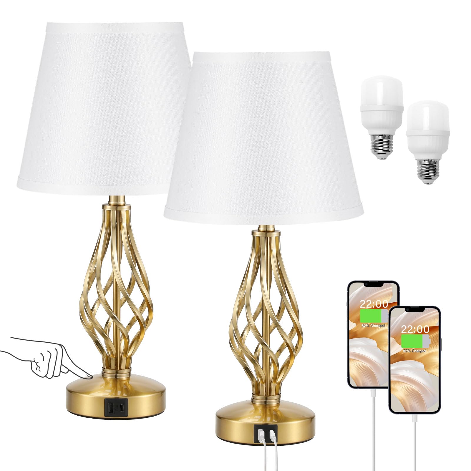 Touch Table Lamps Set of 2, Bedside Lamps with USB-C USB-A Ports, Bedroom Lamps with White Shade and Spiral Cage Design Gold Base, 3 Way Dimmable Table Lamps for Bedroom Living Room and Hotel — image 1