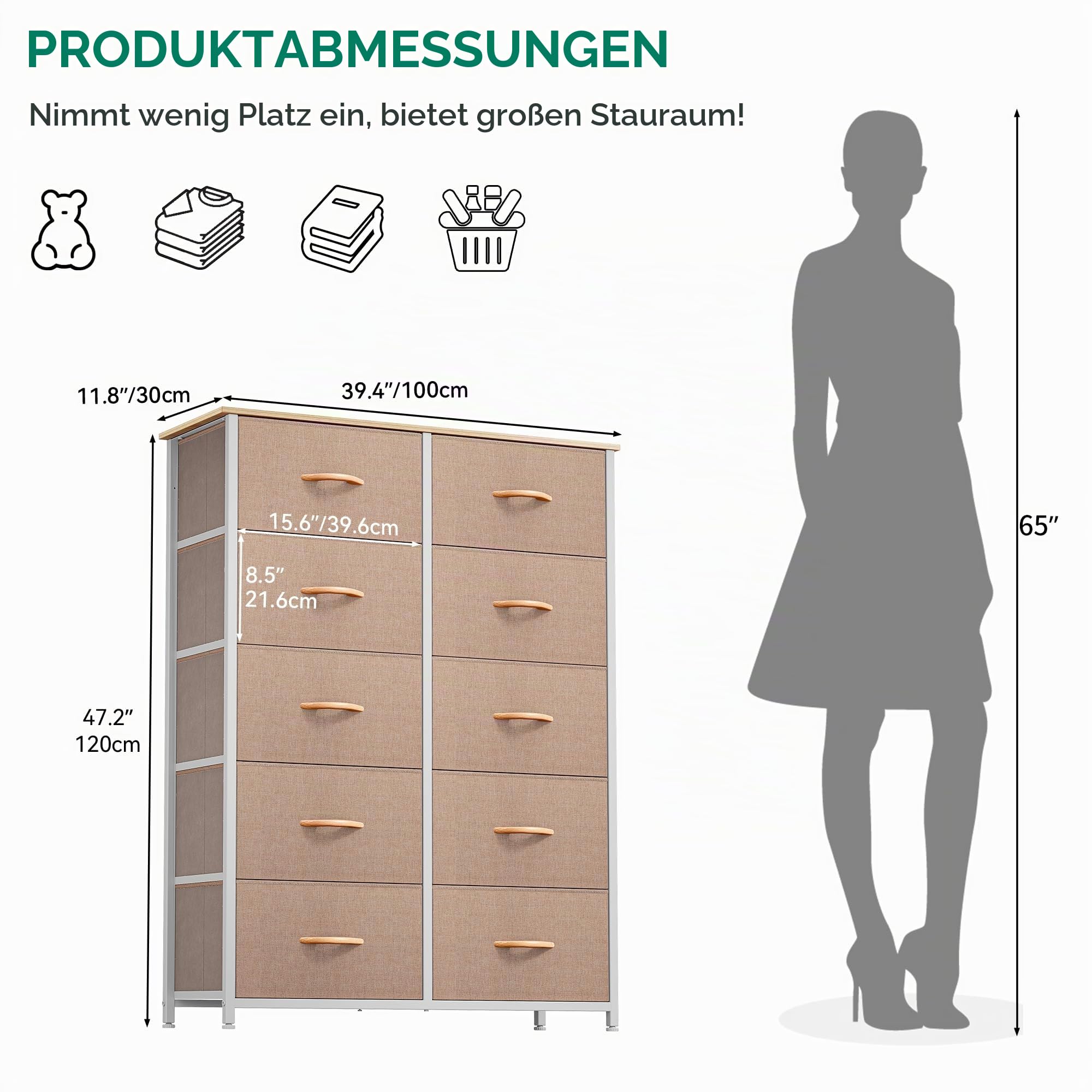 YITAHOME Kommode, Kommode mit 10 Schubladen, Stoffkommode für Schlafzimmer, Wohnzimmer, Schrank,Stabiler Stahlrahmen, Leicht zu Ziehen, Stoffkörbe und Holzoberfläche, Khaki