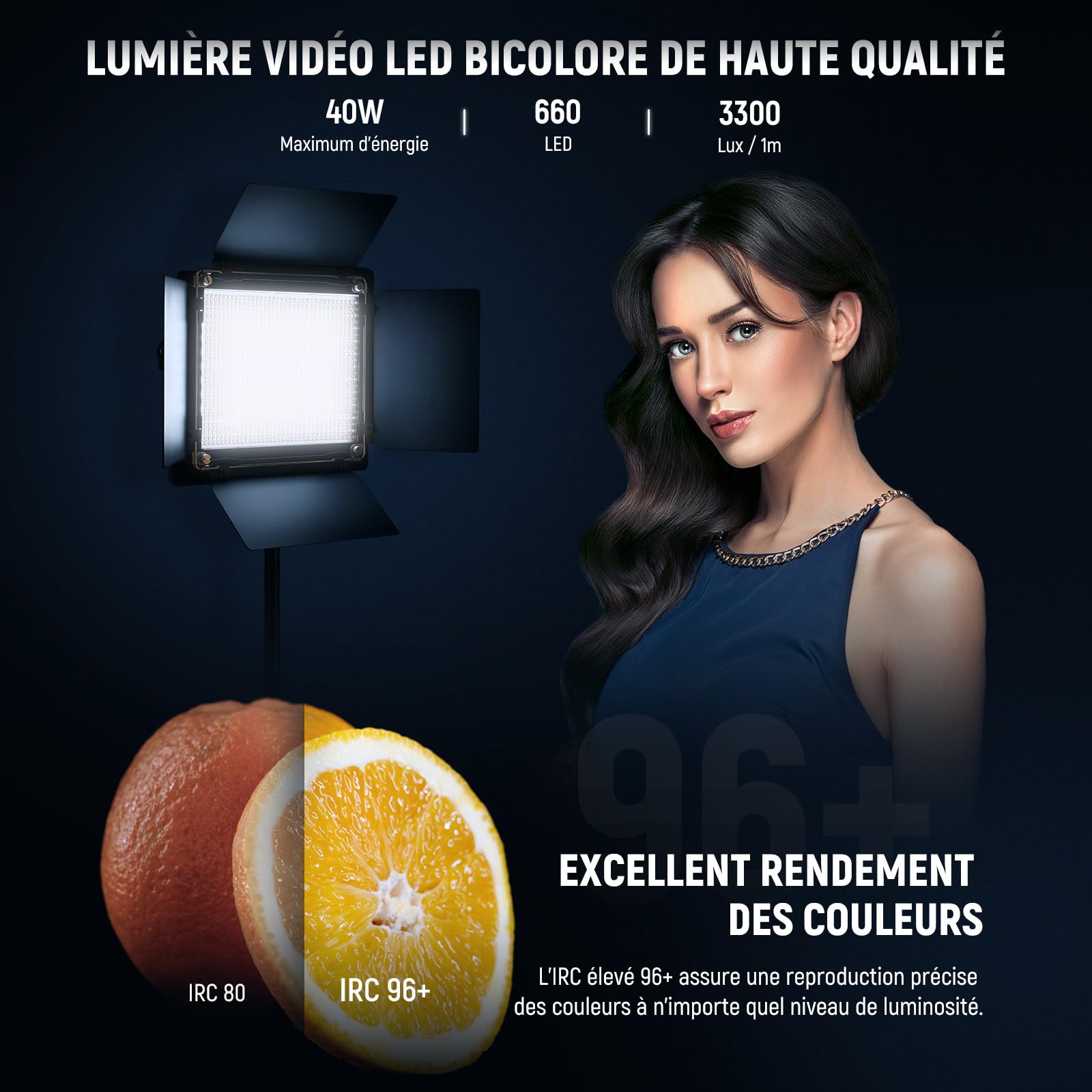 NEEWER Kit d'éclairage vidéo LED Bicolore 660 avec Deux Trépieds de 200cm,Panneau d'éclairage à Intensité Variable 3200K-5600K CRI 96+ avec Support en U & Coupe-Flux pour Studio Photo,Streaming,Noir