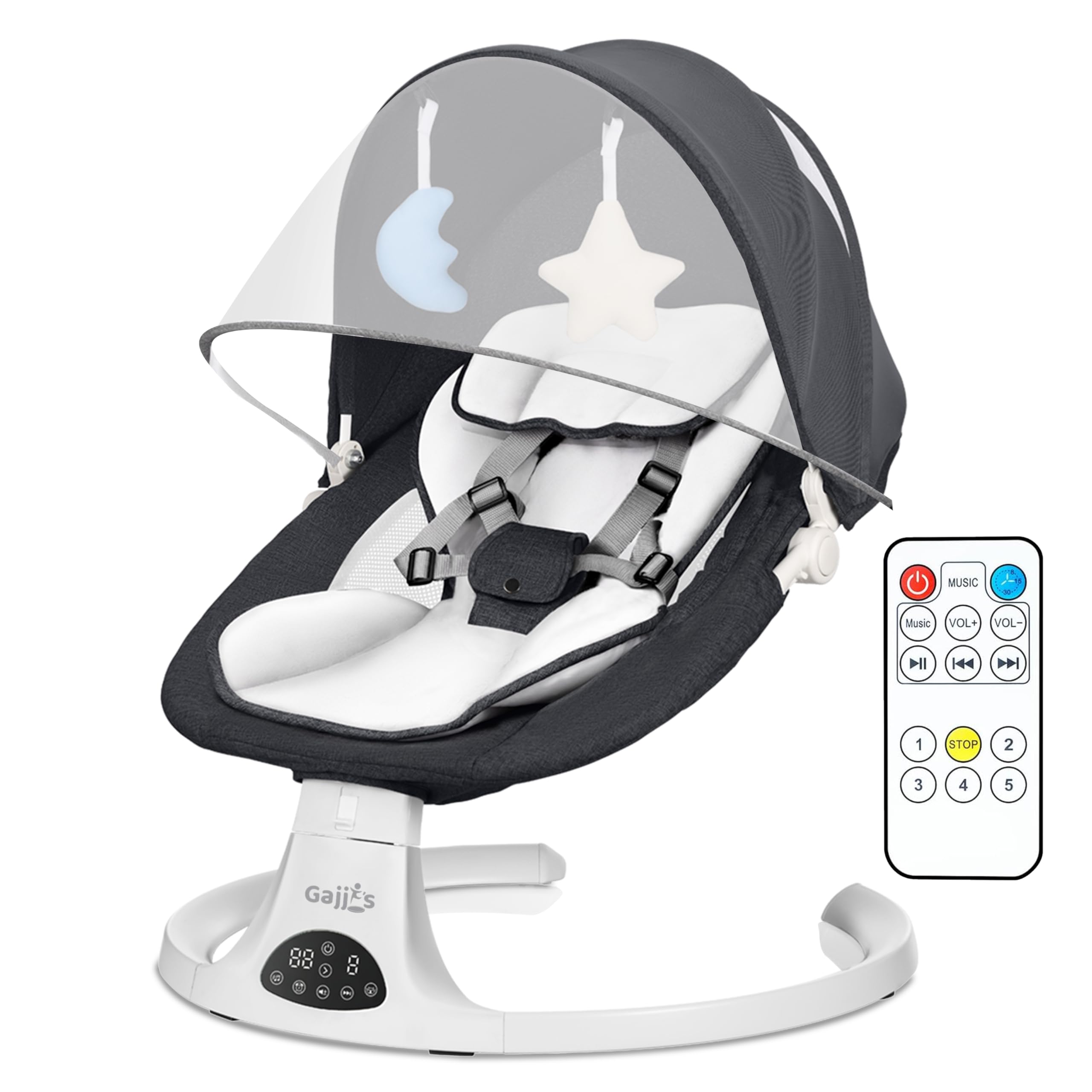 Baby Bouncer, Portable Electric Baby Swing with Bluetooth, 5 Swing Speed, 3-Stage Timer, 5-Point Harness, Remote Control & Touch Panel, Bouncer from Birth with 2 Soft Toys & Soft Pillow (Black)