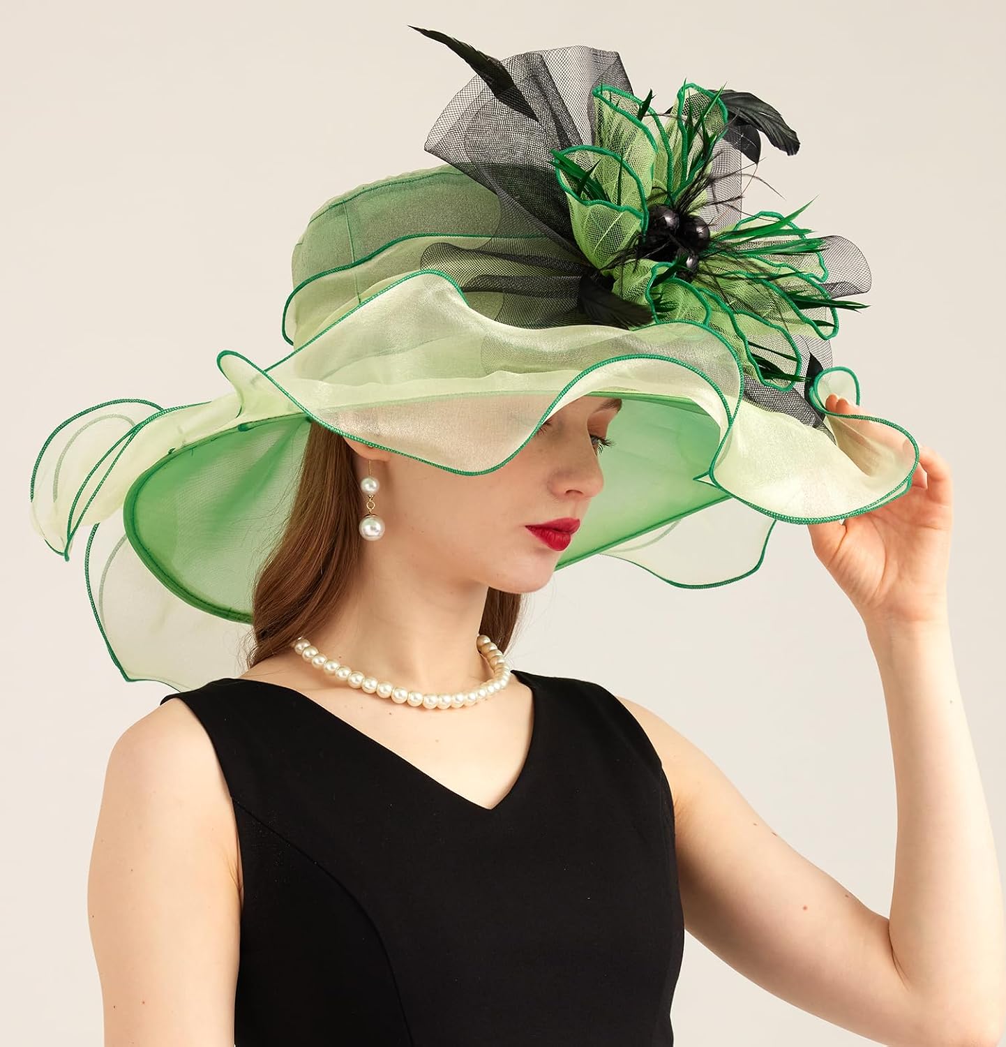 Women Derby Church Hat Organza Flower Wedding Tea Party Fascinator Wide Brim Sun Hat