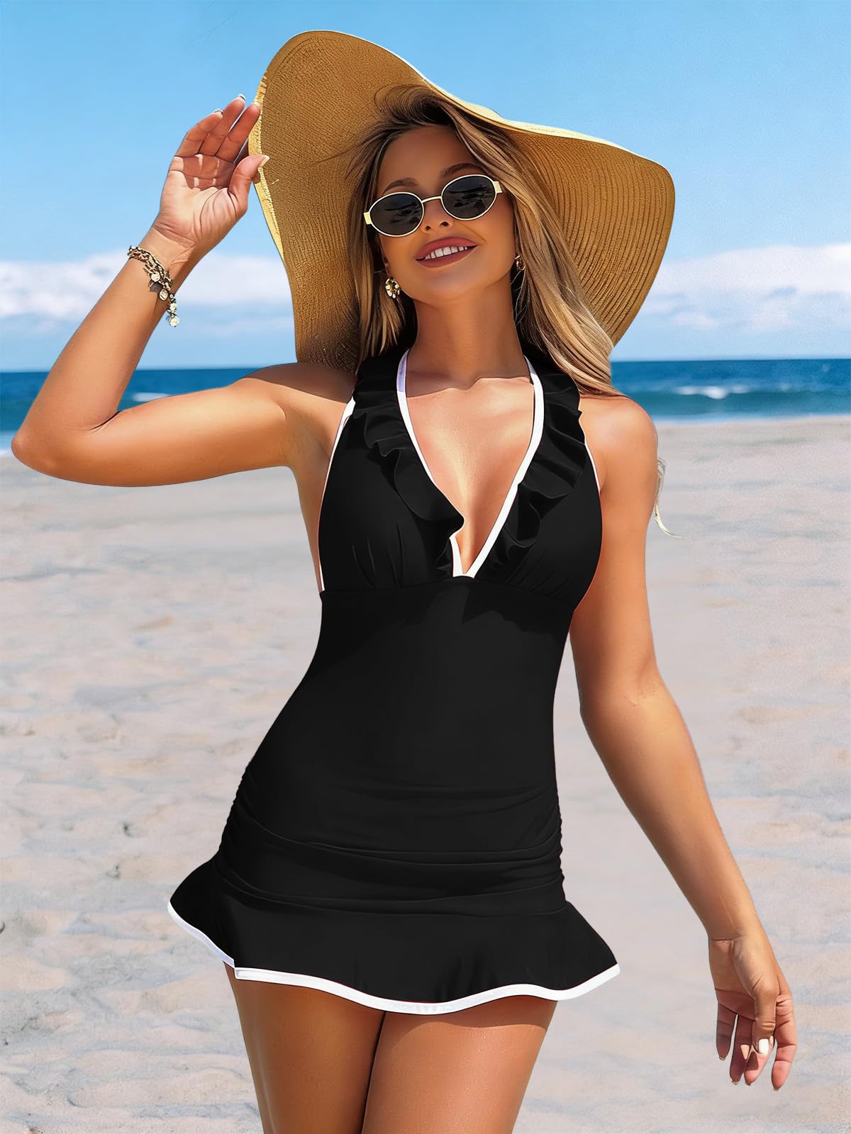 JFAN Tankini Mujer Talla Grande bañador con Falda Cuello V Volante Traje Baño Push Up Tankini Top y Bragas para Piscina