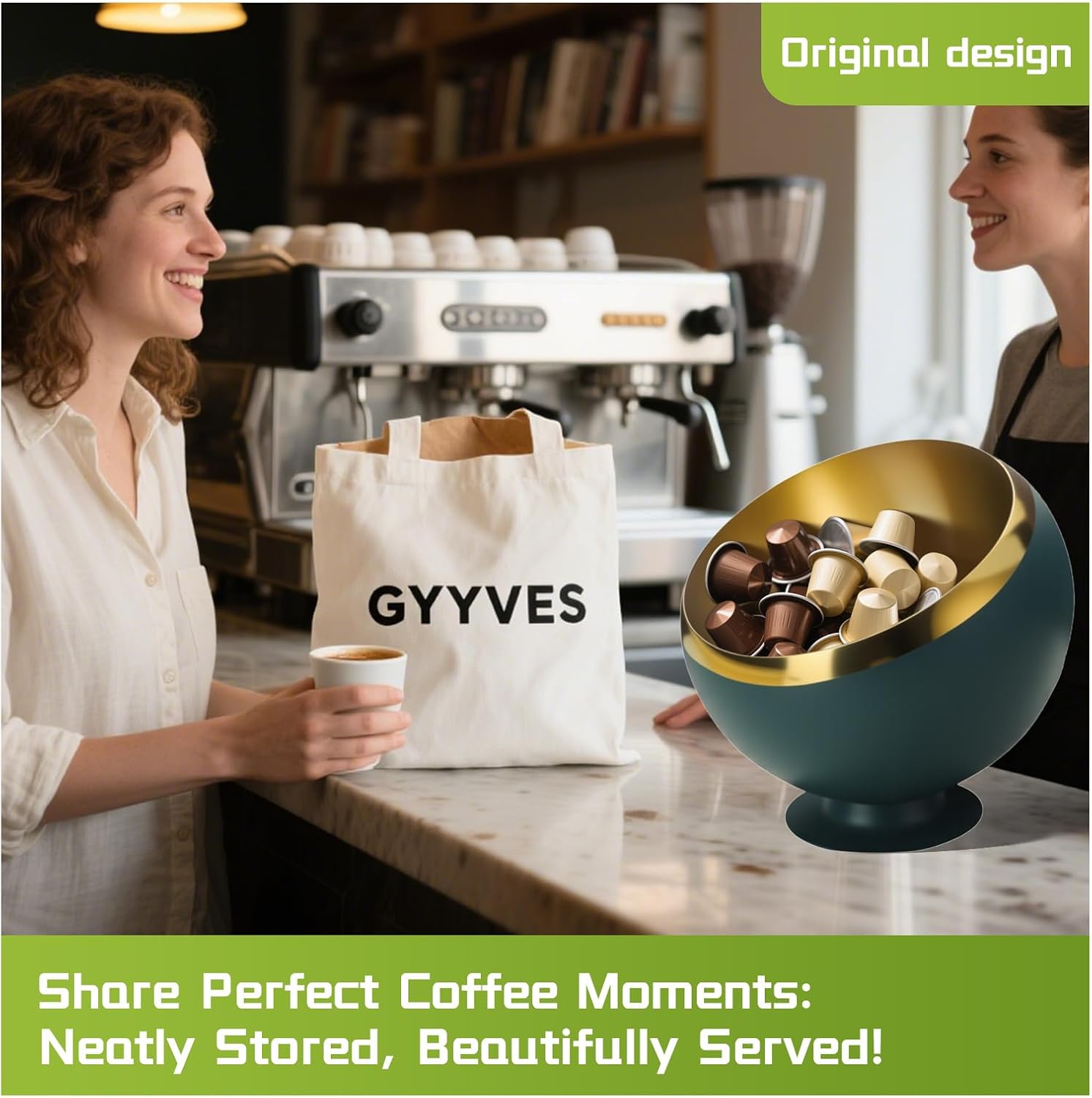 Coffee Pod Holder with Slanted Mouth - Stainless Steel Espresso Pod Organizer for Easy View & Quick Pick - Countertop Coffee Bar Accessories (Green, M)