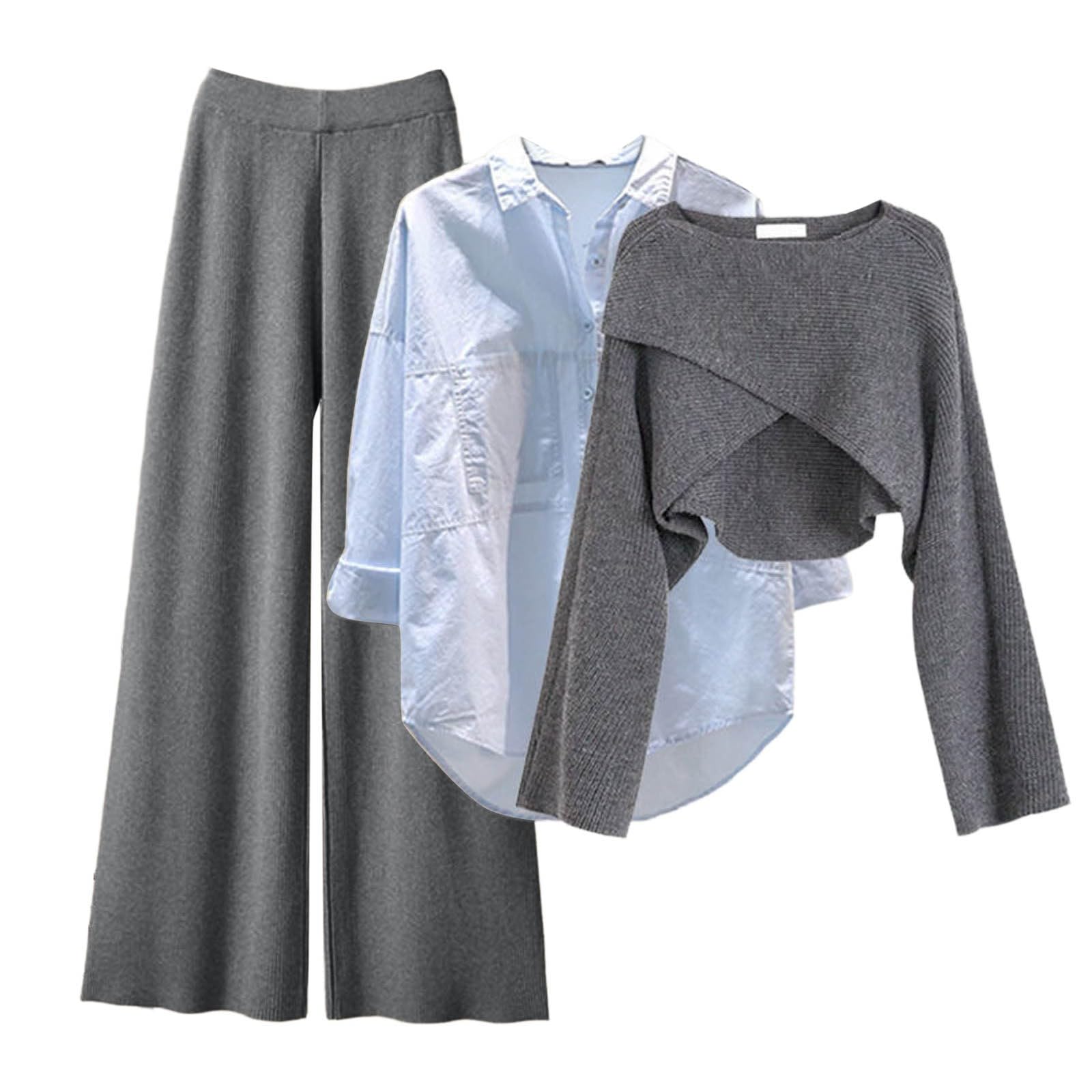 3 pezzi, abbigliamento da donna, ufficio, maglione irregolare + camicia + pantaloni a gamba larga, estivi, basic