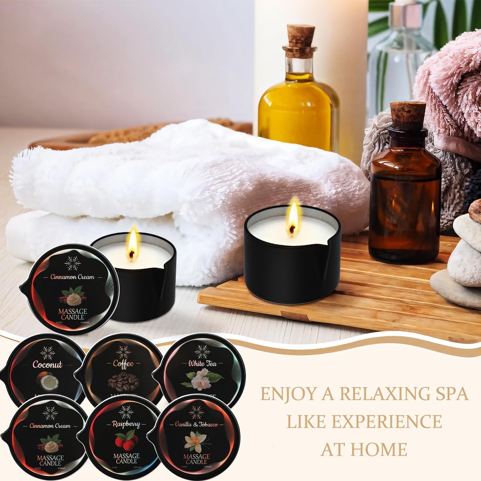 Juego de velas de masaje de 6 aromas, velas de aromaterapia de cera de soja con aceite suavizante de la piel, mezcla de soja de coco a baja temperatura para parejas