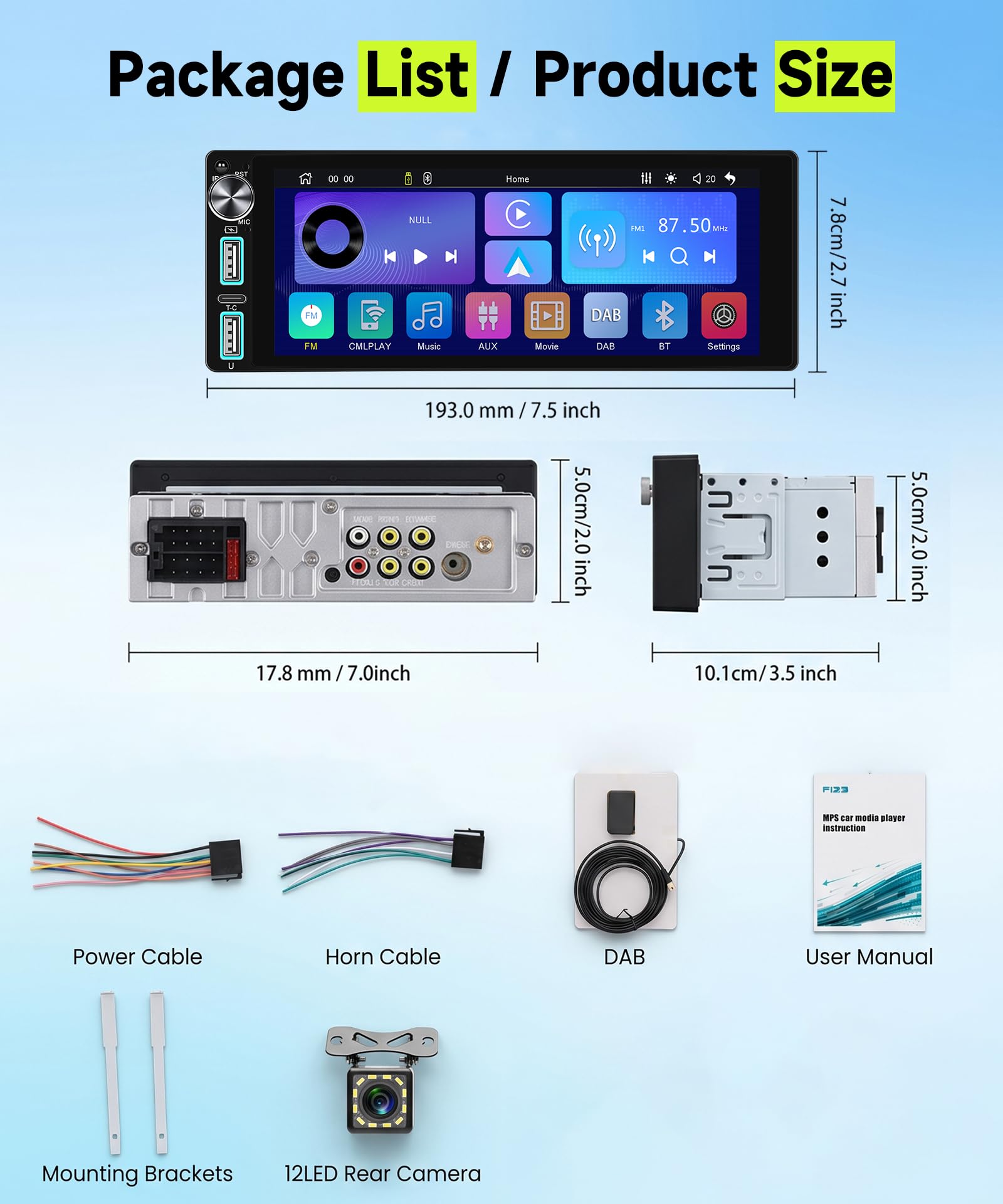 Rimoody Dab+/Dab Autoradio 1 Din avec sans Fil Carplay Android Auto Bluetooth 5.2 FM/AM, 6.86 Pouces Écran Tactile Radio Mirror Link Dab Adaptateur/EQ/USB/Type C Commande au Volant Caméra de Recul