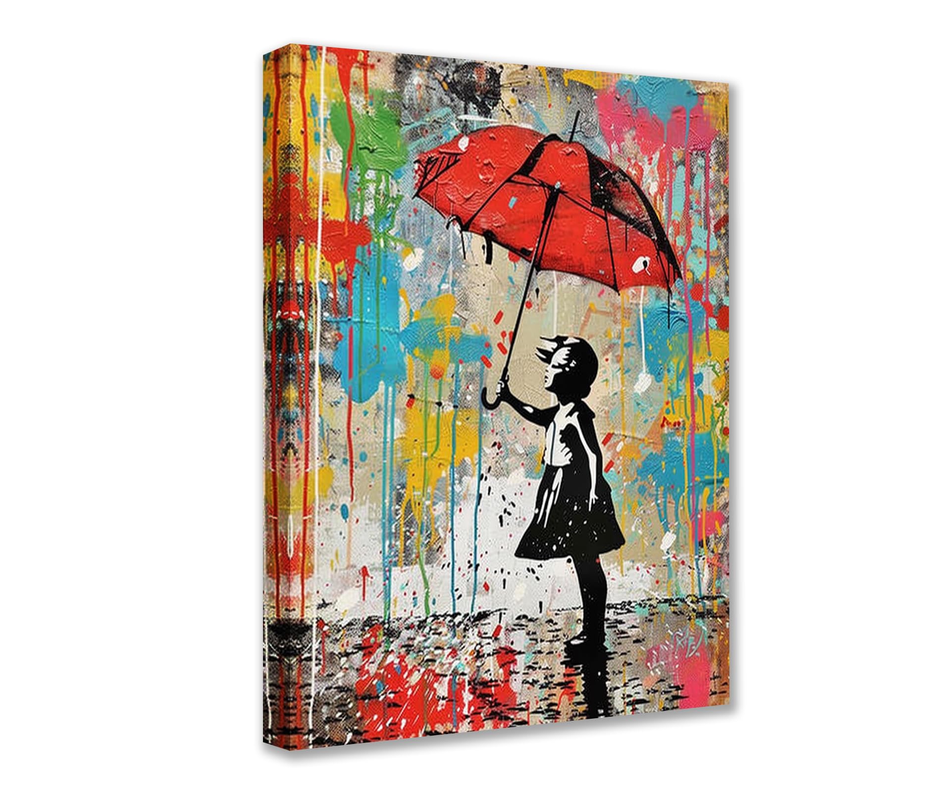 Tucocoo Abstract Street Art Wall Pictures for Living Room, Banksy Girl, Red Umbrella, Painting, 1 Piece, Canvas, Colorful, Modern Artwork, Home Decor, Giclee Framed, Stretched, Ready to Hang — image 1