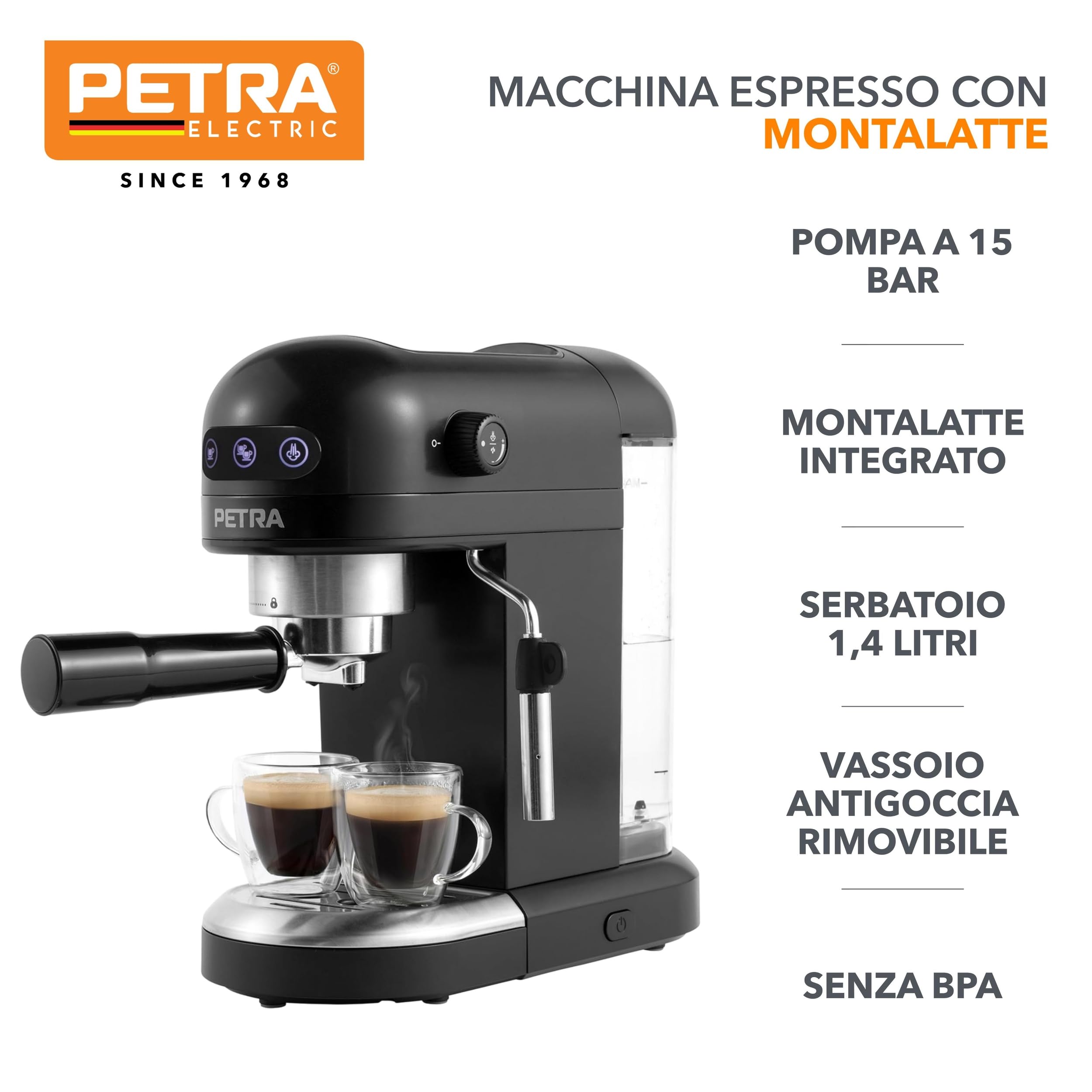 Petra PT5240 Macchina da caffè espresso con montalatte - Espresso da 1,4 litri stile barista singolo o doppio, pompa a pressione 15 bar, senza BPA, compatibile con caffè macinato, 1465W, nero