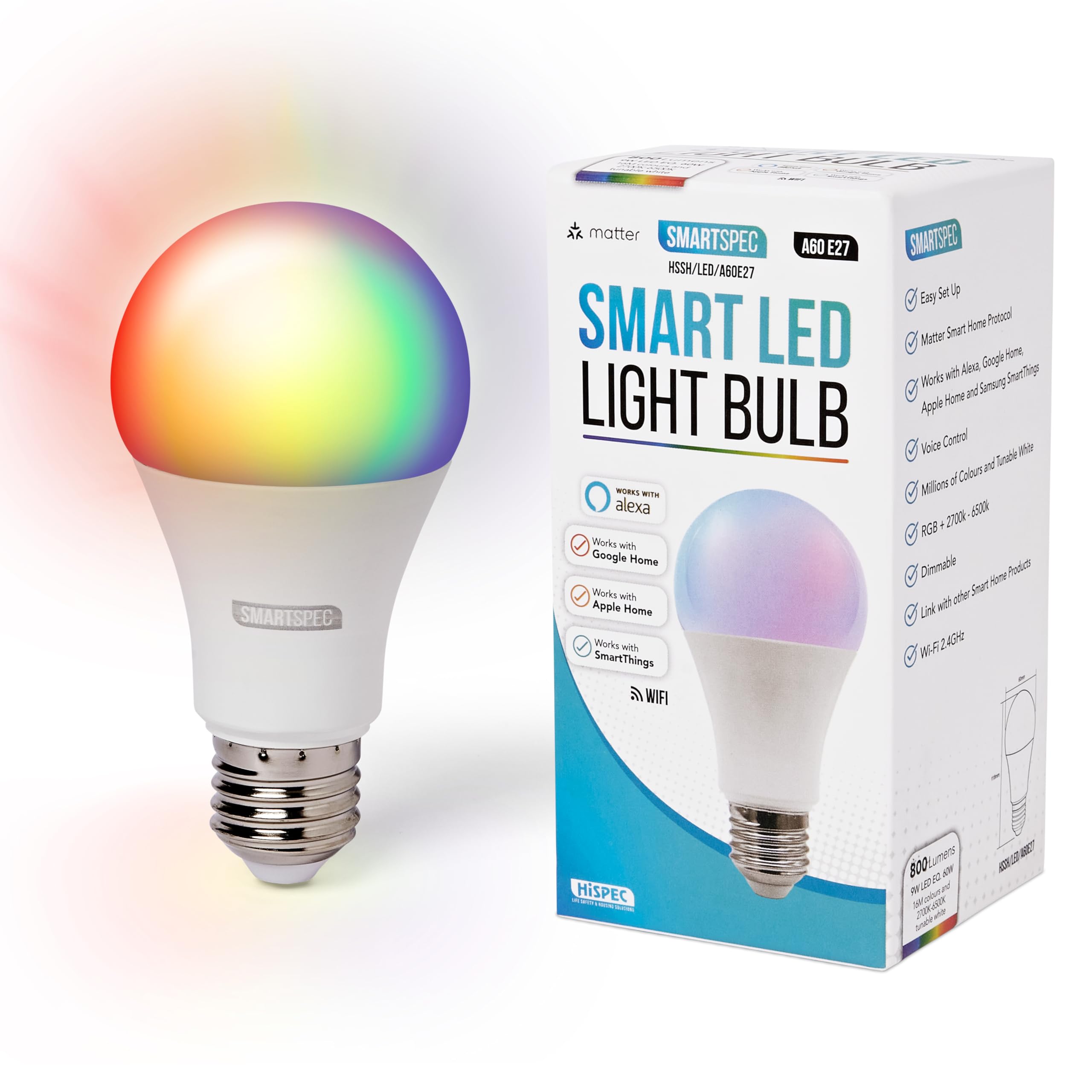 SMARTSPEC SMARTSPEC Smart Bulb, Smart WiFi LED Light. Works with Amazon Alexa, Google Home, Apple Home. Colour Changeable. Multicolour Smart Light Bulb NUUK-A60 ACK Matter E27