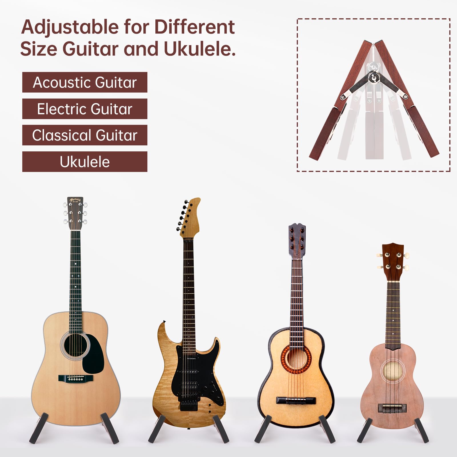 WINGO Soporte de madera para guitarra, portátil, plegable, con marco en A, para guitarras acústicas, eléctricas, clásicas, con goma antideslizante, totalmente montado.