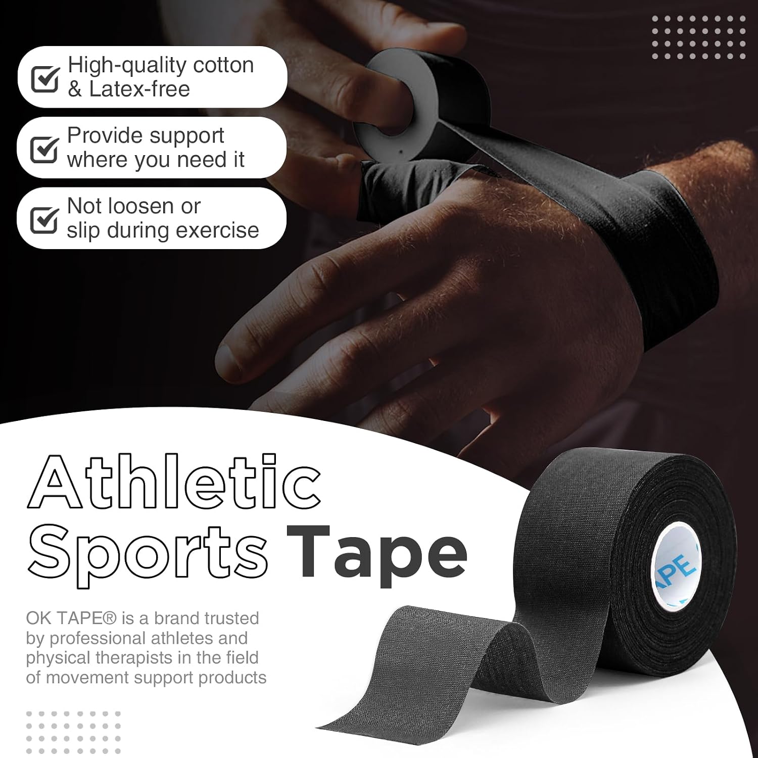OK TAPE 4 Rolls Black Athletic Tape, Sports Tape, Very Strong, Easy Tear