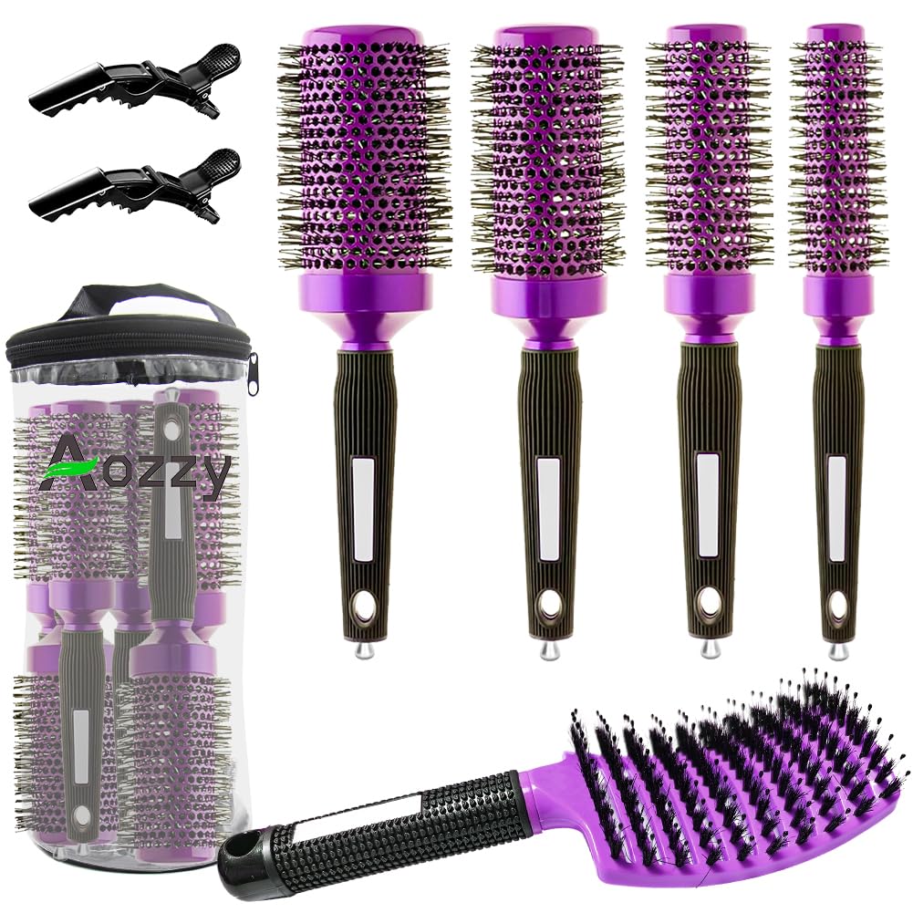 Aozzy 5pcs Blow-Drying Round Hair Brush Set - Ceramic, Boar Bristle Brush for Women - Thermal Barrel Brush Set, Styling & Roller Brush for Shiny, Smooth and Bouncy Hair