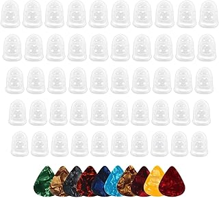 50pcs Guitar Silicone Finger Protectors, Guitar Fingertip Protector Caps in 5 Sizes for Beginner Playing Electric Guitar and 10 Guitar Picks