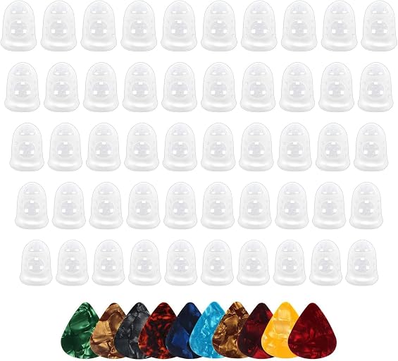 50 Pcs Guitar Silicone Finger Protector,Fingertip Protection Covers Caps in 5 Sizes for Beginner Playing Ukulele Electric Guitar and 10 Guitar Picks