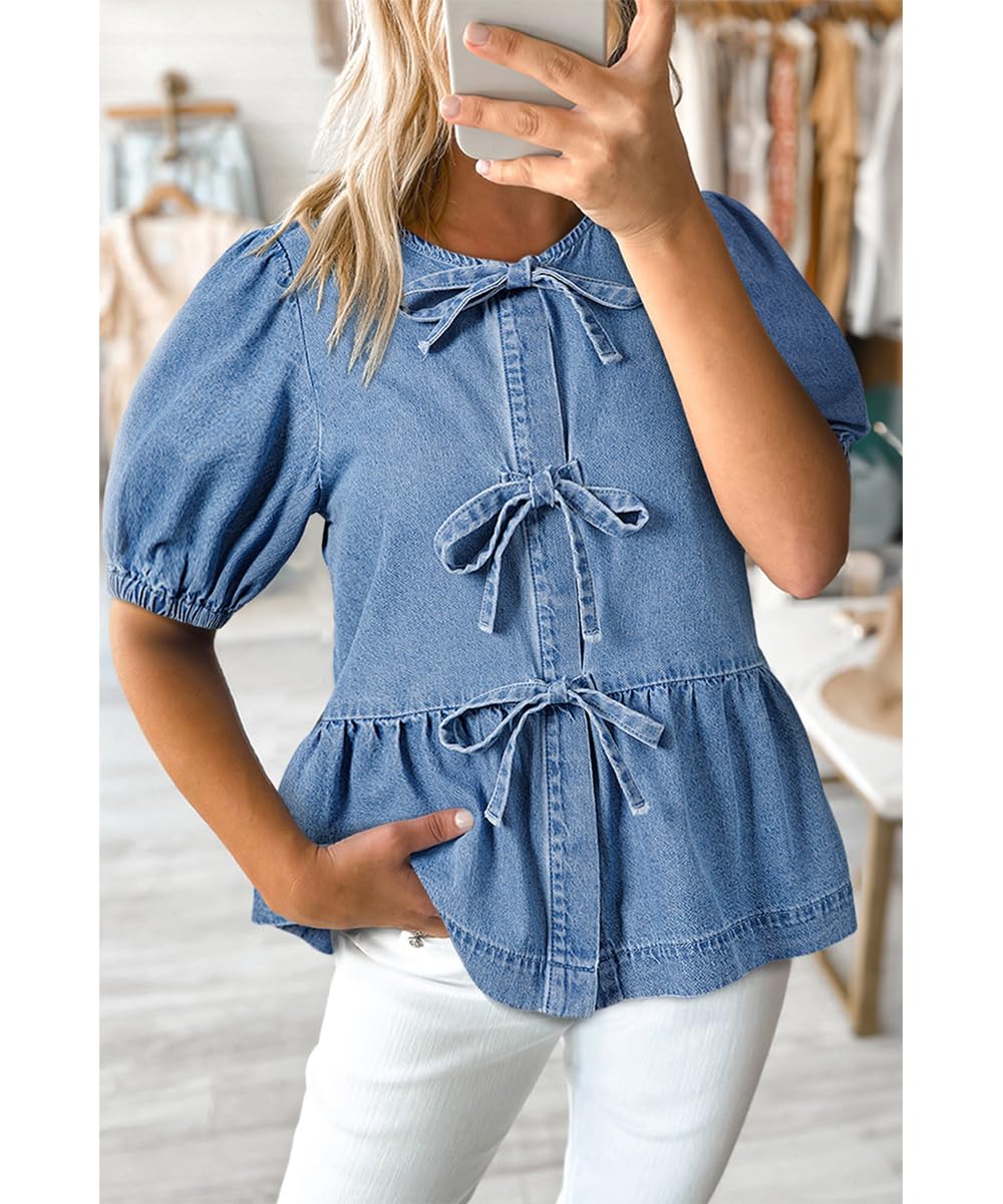 Denim Chemises pour Les Femmes à la Mode Round Neck Pullover Lace Up Puff Manches Courtes Lavé Chambray Blouse Tops