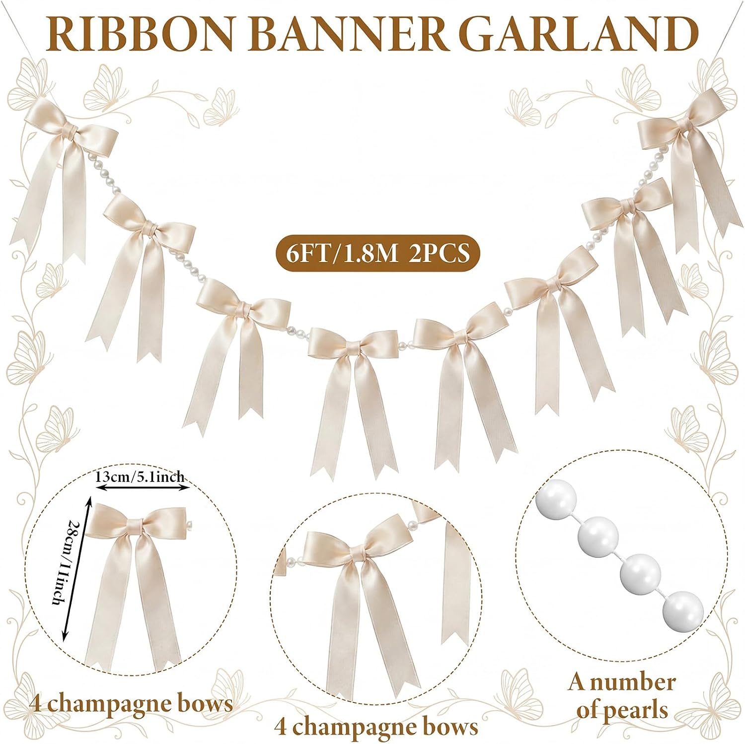 Riceshoot 2 Pack Champagne White Bow Garland Banner with Pearl Chain, 6 ft Pre Strung Satin Ribbon Bow Party Decor for Coquette Birthday, Baby Shower, Bridal Shower, Wedding, Engagement, Graduation