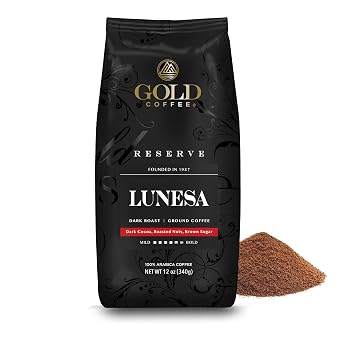 Gold Coffee Co. Lunesa Premium Blend Dark Roast - Finely Ground 100% Arabica Coffee - Notes of Dark Cocoa, Roasted Nuts, Brown Sugar, 12 oz.