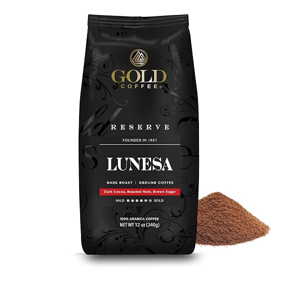 Gold Coffee Co. Lunesa Premium Blend Dark Roast - Finely Ground 100% Arabica Coffee - Notes of Dark Cocoa, Roasted Nuts, Brown Sugar, 12 oz.