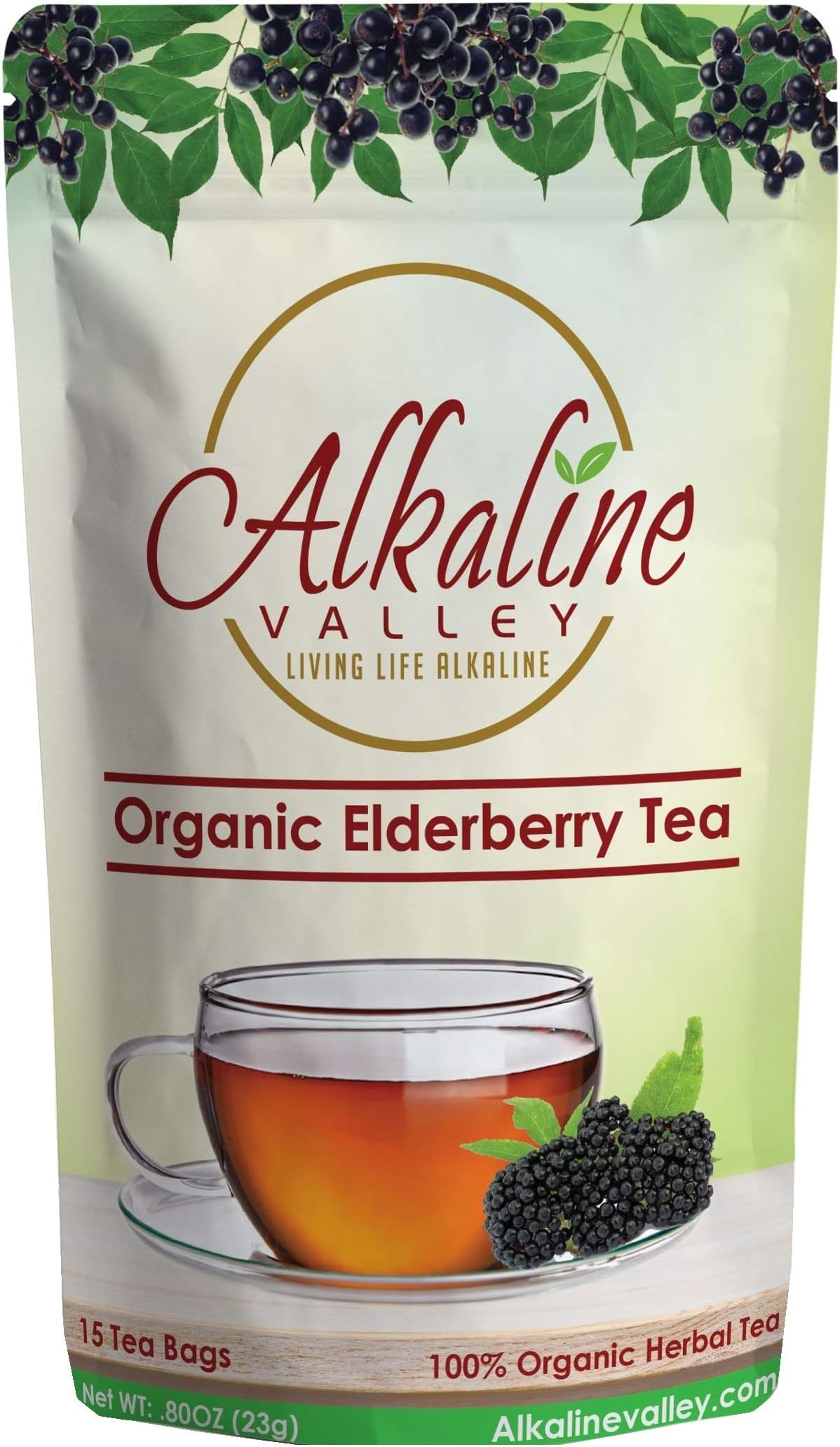 Elderberry Tea Organic - 100% Alkaline - 15 Unbleached/Chemical-Free Elderberry Tea Bags - Caffeine-Free, No GMO