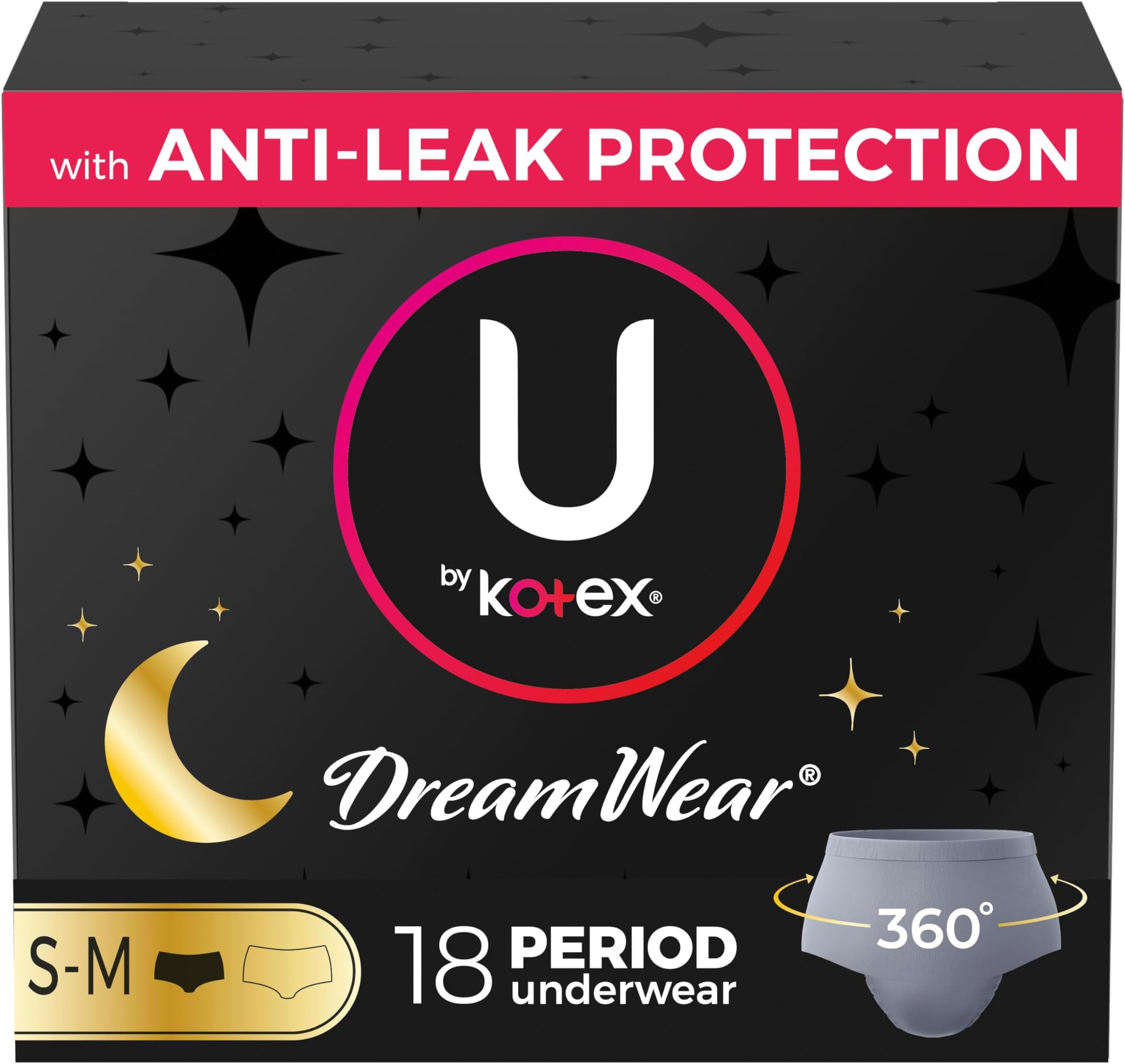 U by Kotex DreamWear Disposable Overnight Period Underwear for Women, Small/Medium, 18 Count (3 Packs of 6)