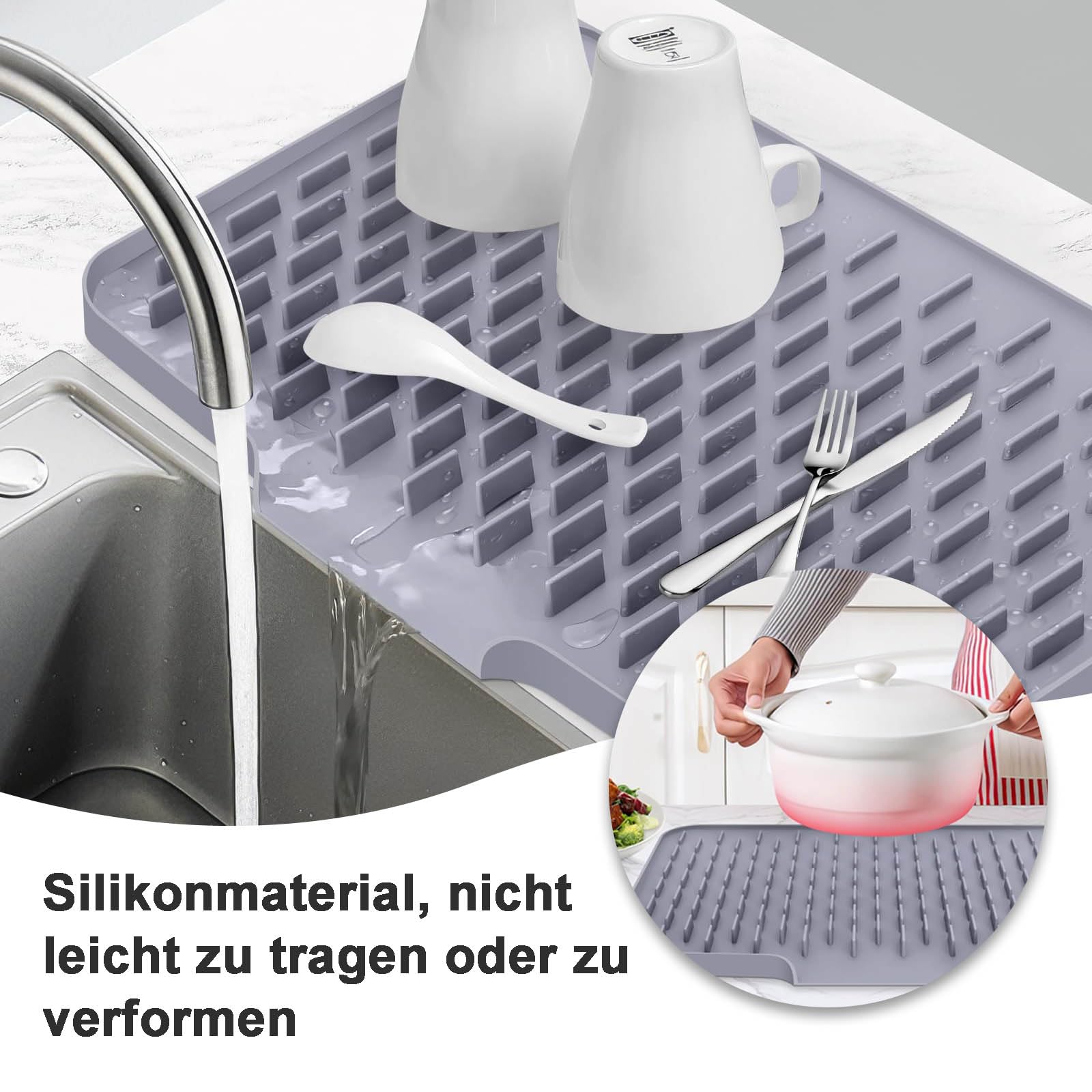 Tappetino Scolapiatti In Silicone - 40x33 Cm, Grigio, Antiscivolo, Con Drenaggio Acqua, Resistente Al Calore, Facile Da Pulire