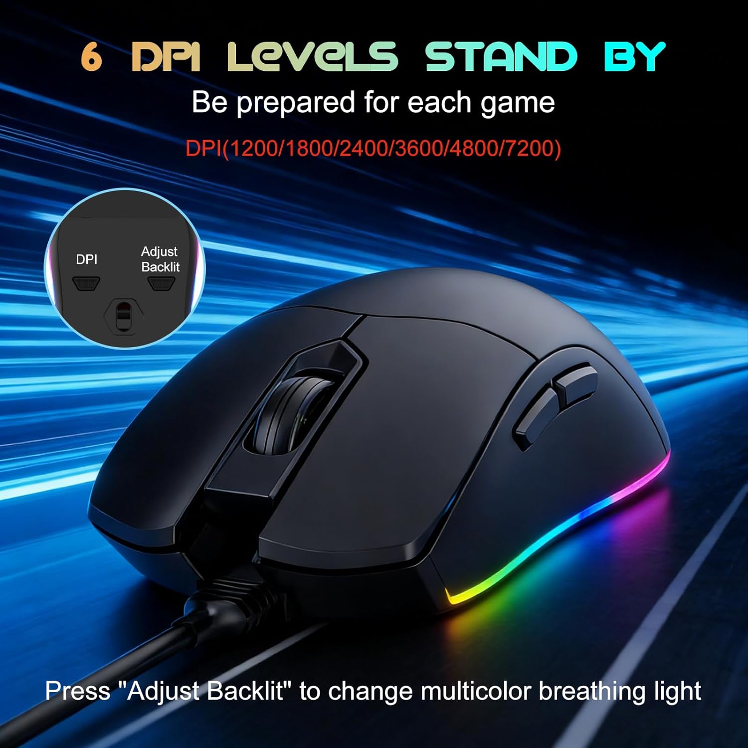 NPET M502 RGB Gaming Mouse, 7200 Wired Optical Mouse with 7 Programmable Buttons & 4 Backlit Modes, Ergonomic Mice for Office & Gaming on Windows/Mac/Linux/Chrome-Black