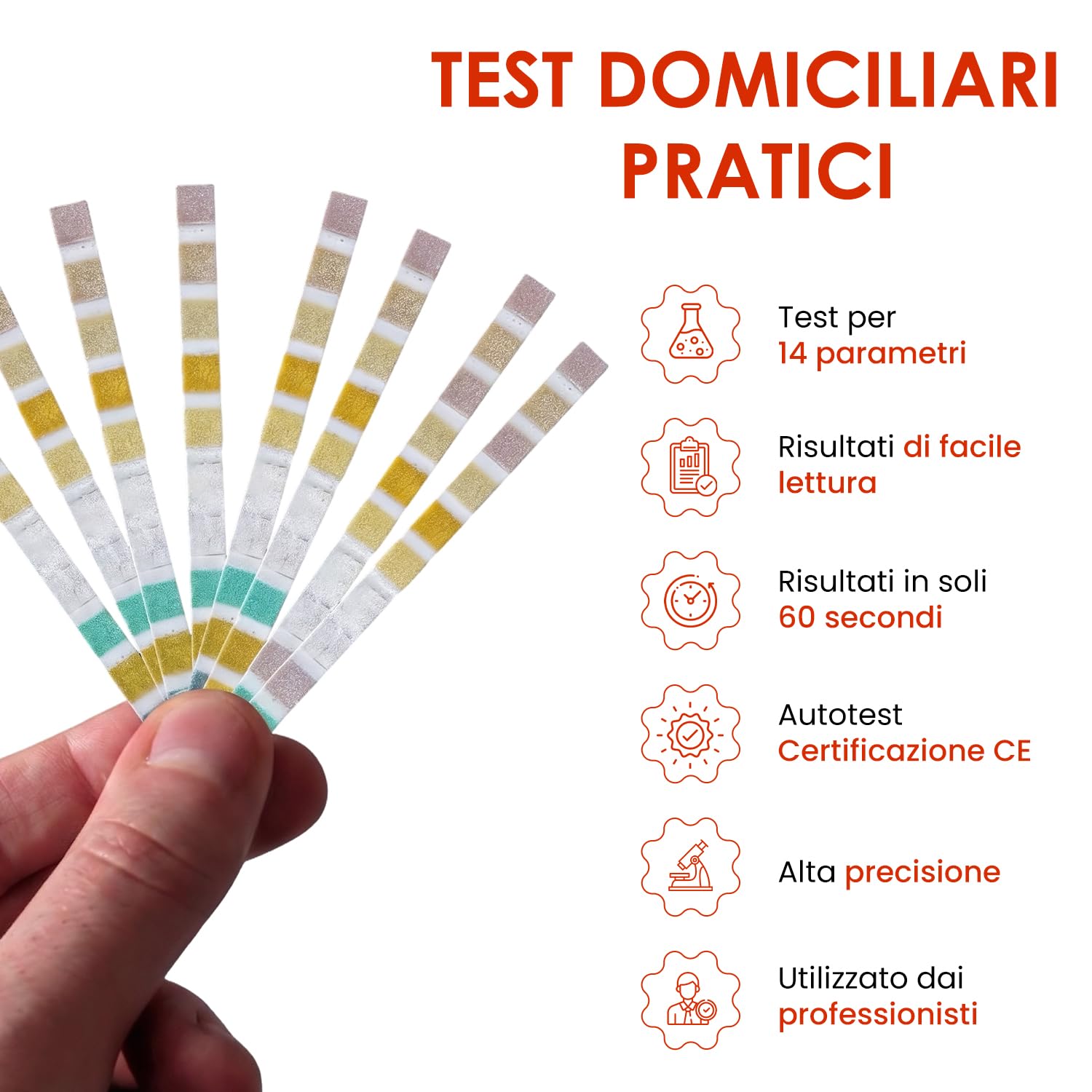 Strisce reattive per urine VED 100 x 14 in 1 | Strisce reattive per urine a 14 parametri per urobilinogeno, bilirubina, chetoni, sangue, proteine, peso specifico, pH, acido ascorbico, calcio urinario.