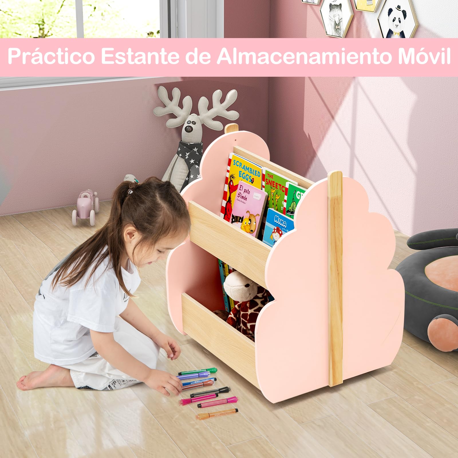 COSTWAY Estantería Infantil de Madera con Ruedas, Librería para Niños de 2 Niveles, Estantería para Juguetes, Multifuncional Organizador de Libros para Salon, Dormitorio de los Niños (Rosa)