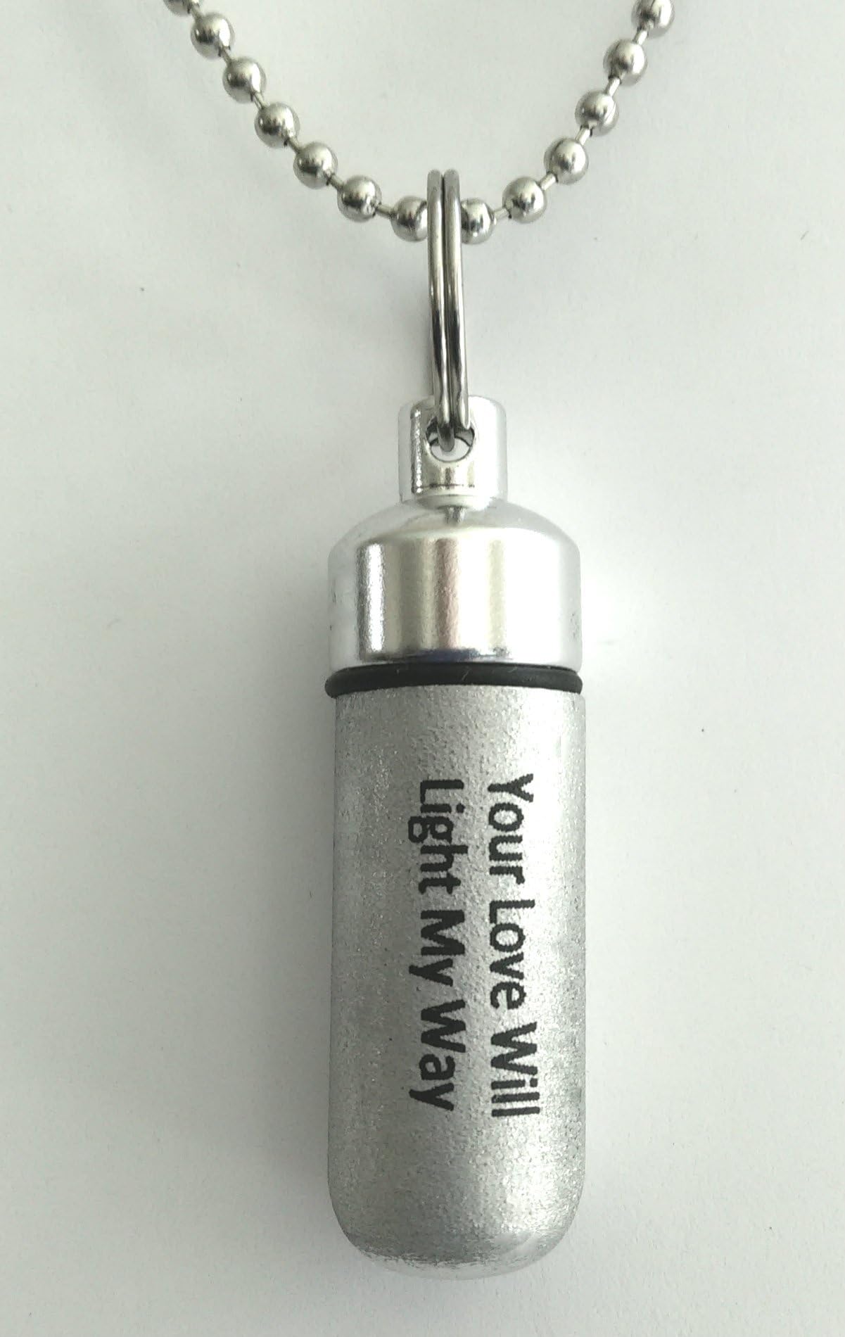Classic Brushed Silver ANOINTING OIL HOLDER/Vial Necklace with ENGRAVED"Your Love will light my way" - Includes Velvet Pouch, Ball Chain & Funnel - Great Holiday Gift