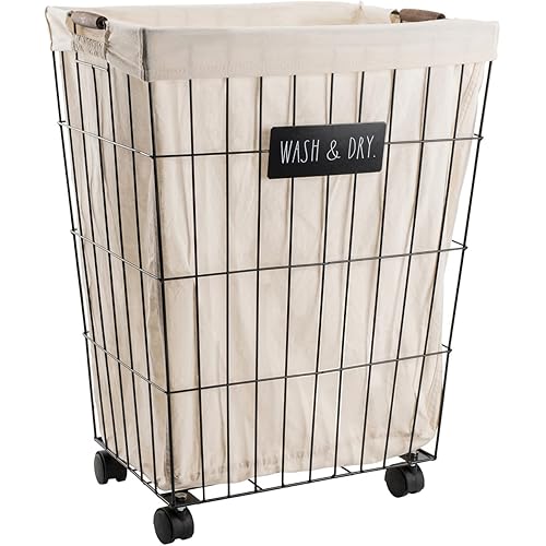 Rae Dunn Heavy Duty Laundry Hamper on Wheels (Wash & Dry) - Galvanized Metal Wire Basket with Liner - Portable Laundry Basket with Removable, Washable Cloth Liner - Laundry Room Accessories