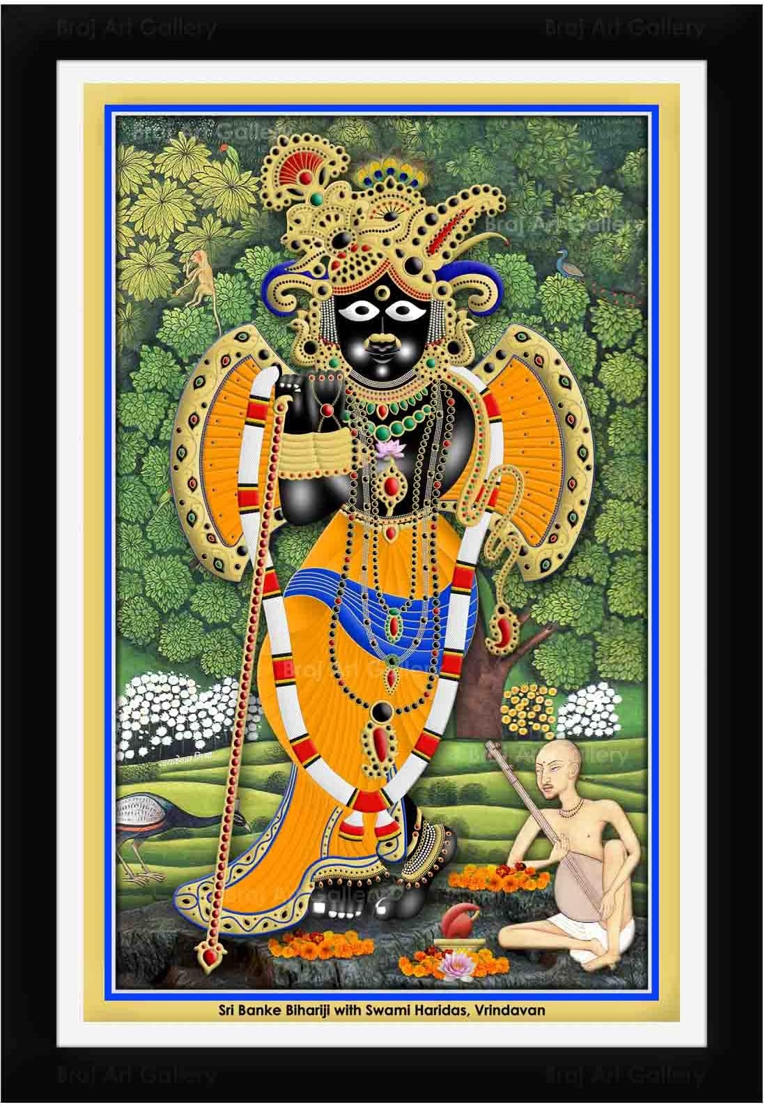 Braj Art Gallery Banke Bihari with Swami Haridas in Vrindavan Painting Photo Frame Size 13.5X19.5 Inches