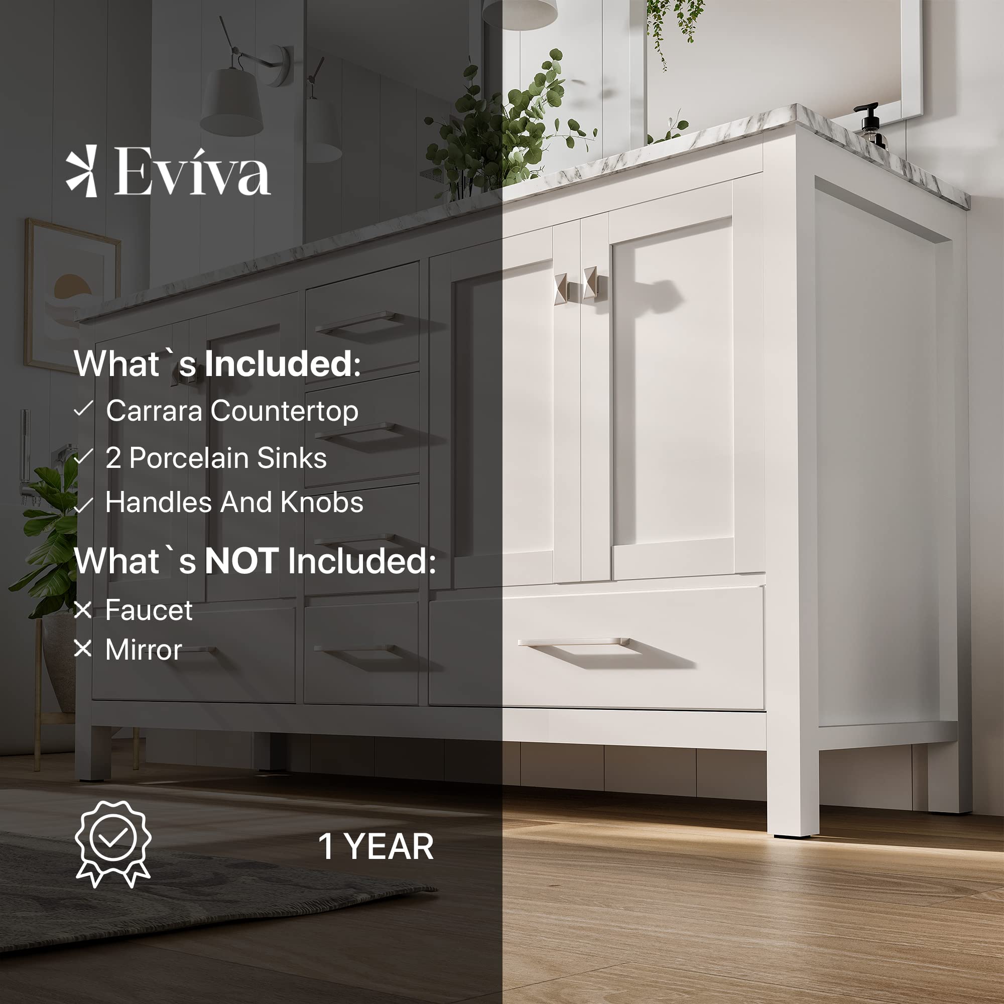 Eviva London 60 x 18 inch White Transitional Double Sink Bathroom Vanity with White Carrara