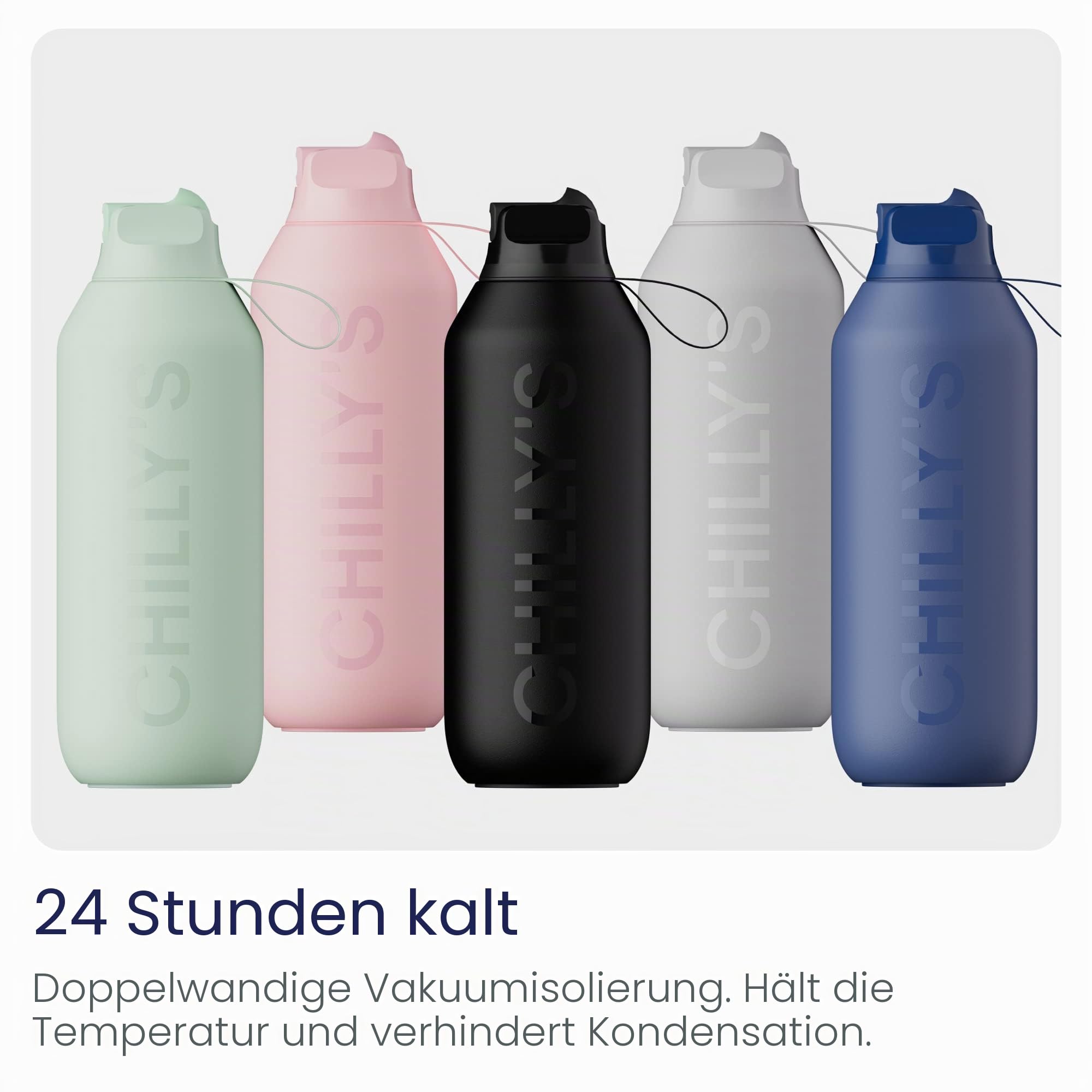 Chilly’s Series 2 Flip Trinkflasche mit Sportdeckel - Isolierflasche aus Edelstahl mit Trinkhalm, Trageschlaufe & Reinigungsbürste - kein Schwitzen