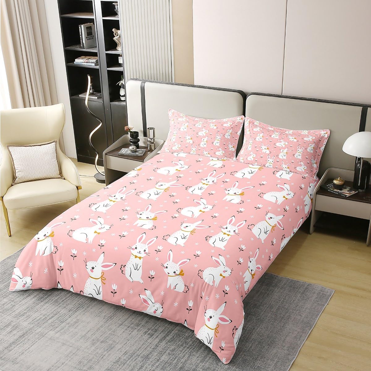 Cute Rabbit Bedding 100% Cotton Set Cartoon Bunny Pink Decor Duvet Cover 100% Cotton for Kids Boys Girls Lovely Little Floral Rabbit Botanical Animal Quilt Cover Room Decor 2Pcs Twin Size Zipper