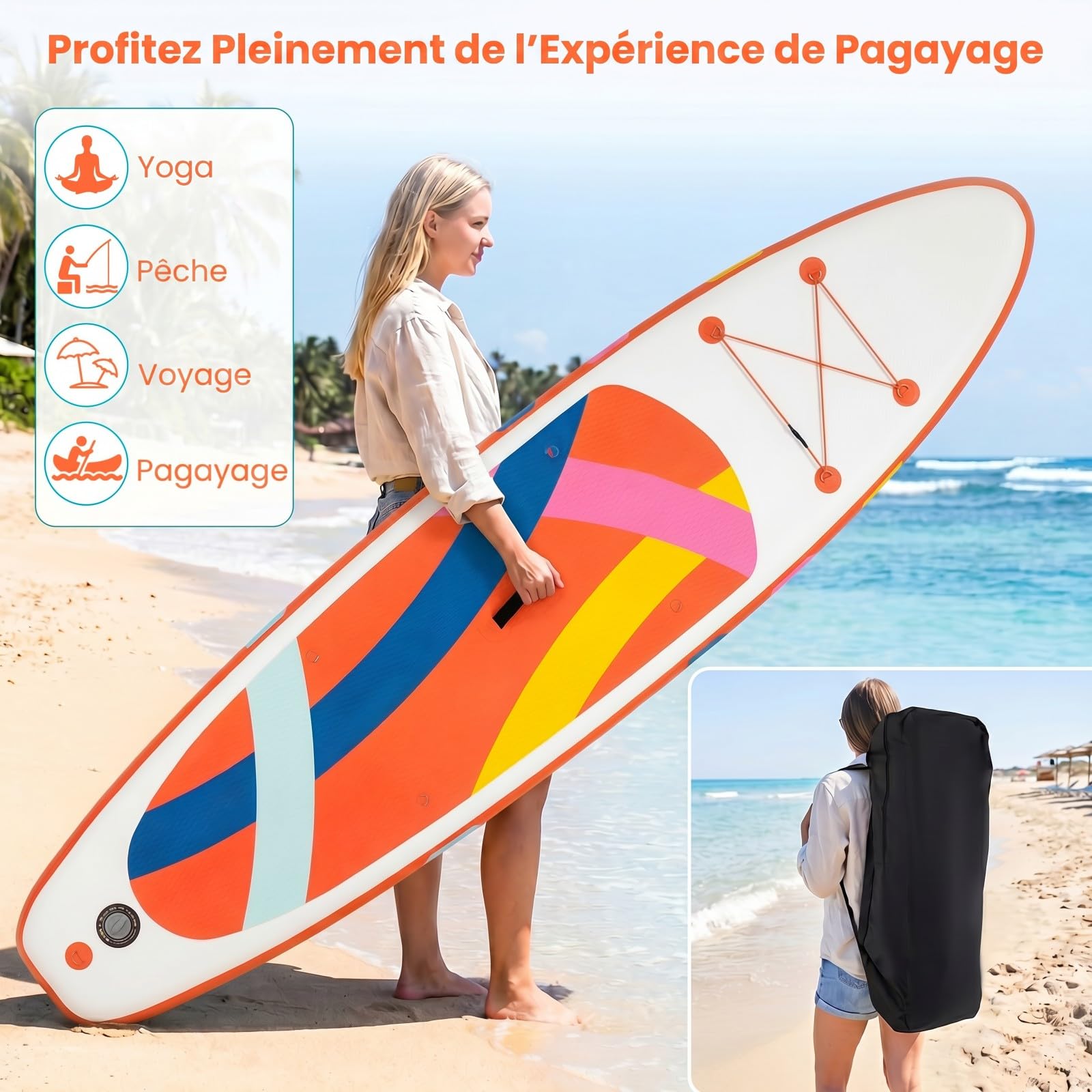 HOMASIS 336 x 77 x 16 cm Planche à Pagaie Gonflable, Planche de Surf avec Pagaie Réglable, Pompe à Main, 3 Ailerons, Anneaux en D & Laisse, Paddle Stand Up Léger pour Surf, Lacs, Mers