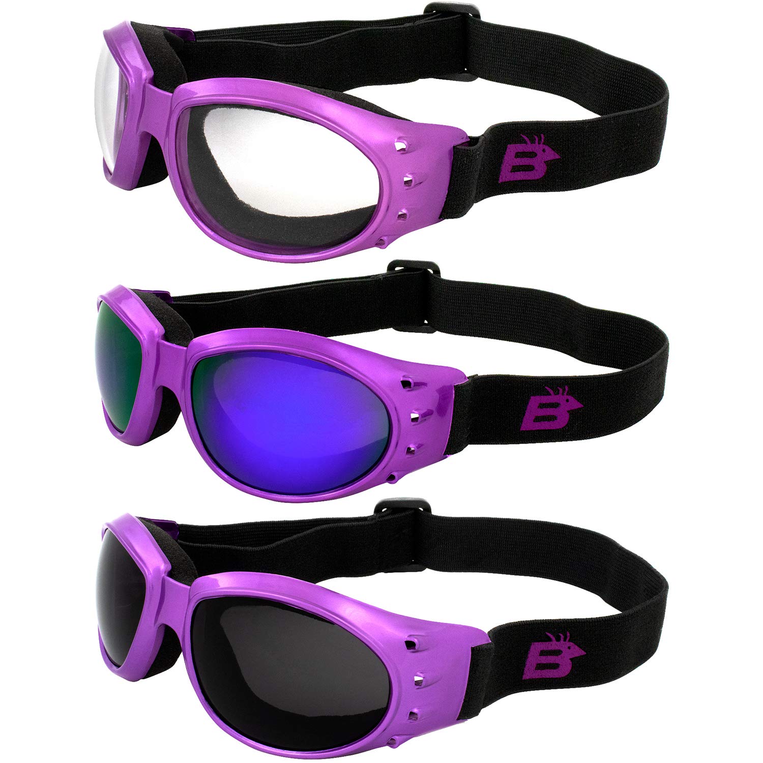 Birdz Eyewear Eagle Lot de 3 paires de lunettes de moto rembourrées en mousse Violet fumé transparent et violet ReflecTech