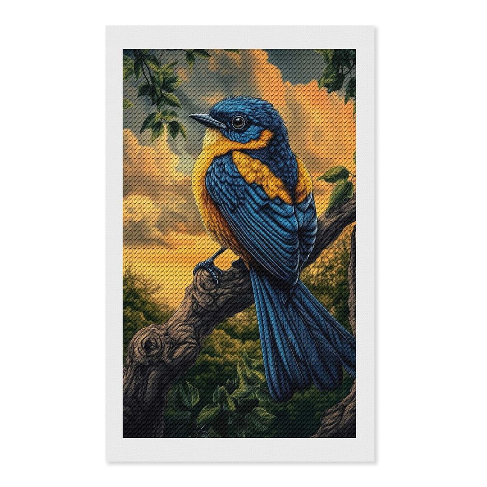 Junmoney Blue and Yellow Bird on Branch Round Drill Diamond Painting 12"x20", Satisfying Creative Project, Complete Accessories, Printed Canvas