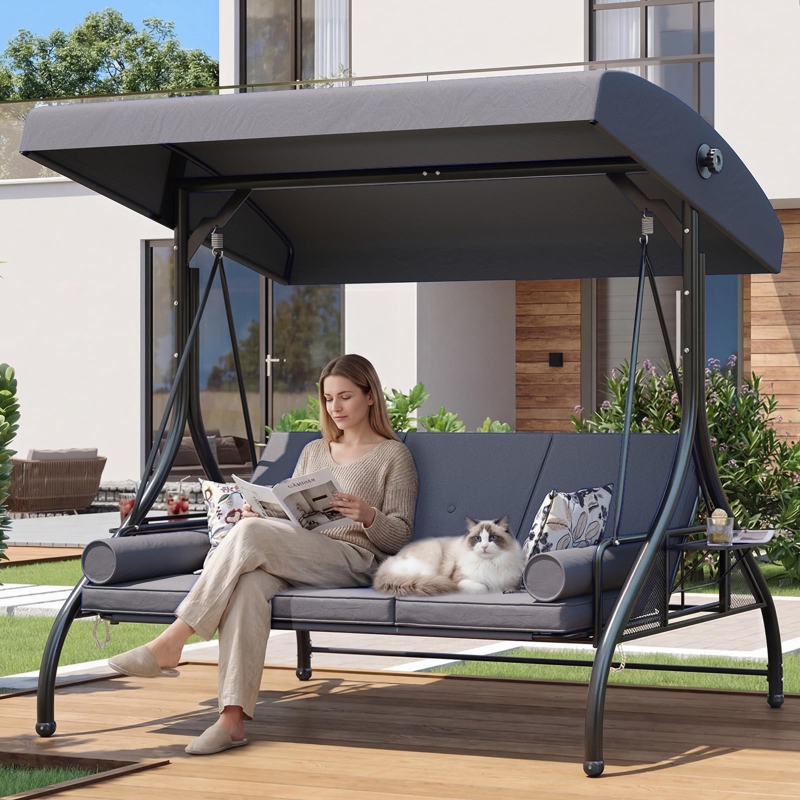 Aoxun Outdoor Porch Swing with Stand and Canopy
