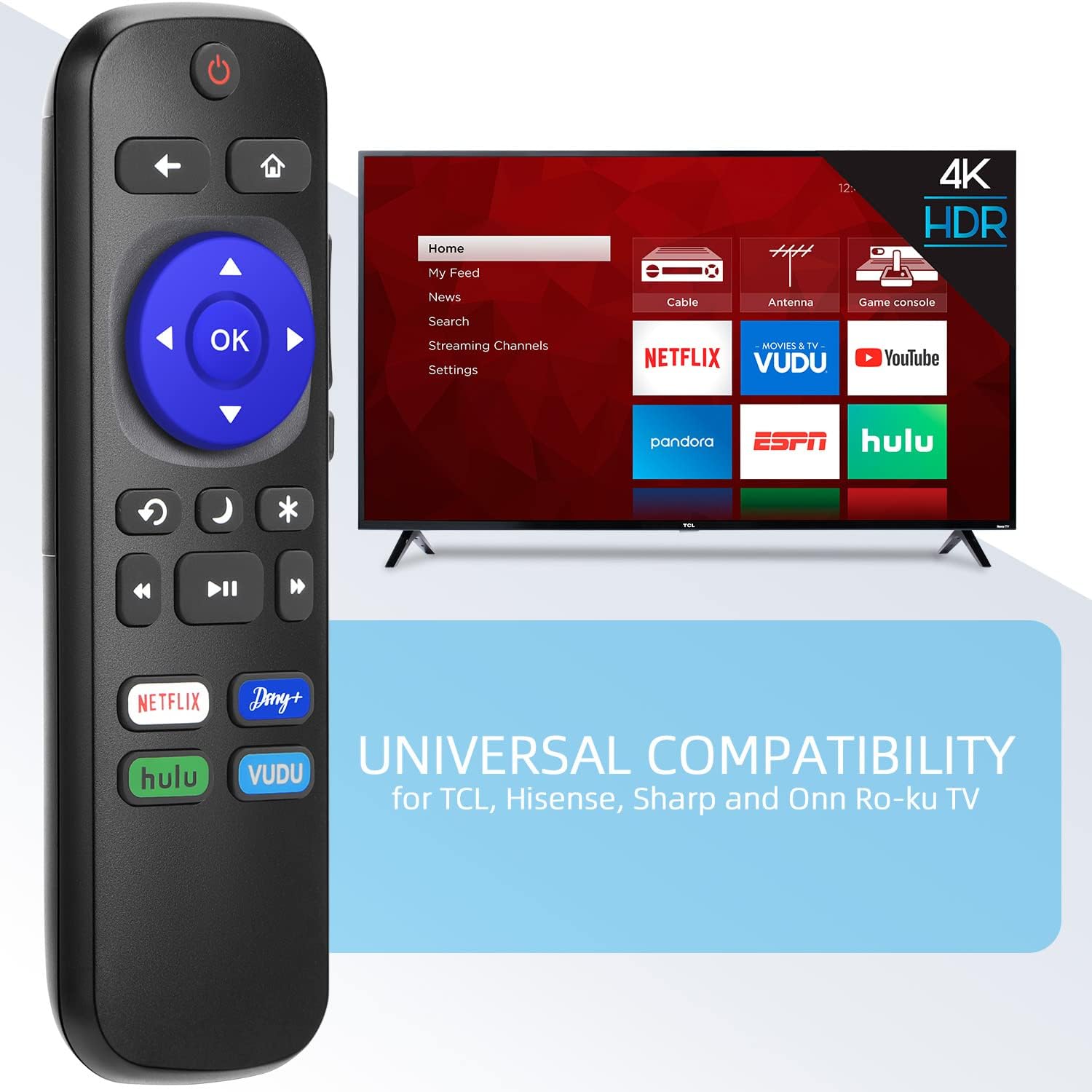 Remote Control Only Replacement for Roku TV, Compatible for TCL/Hisense/Sharp/Insignia/ONN Roku Smart TVs, with Buttons for Netflix, Disney Plus, Hulu, VUDU