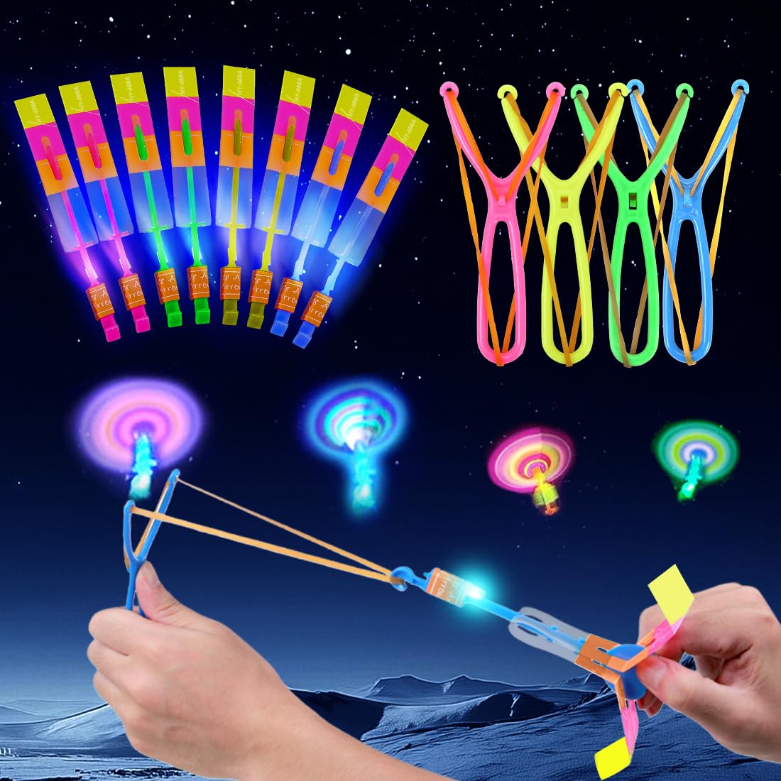 Set De 12 Helicópteros Voladores Con Luz LED Y Lanzador – Juguete De Exterior Para Niños Y Adultos, Impermeable