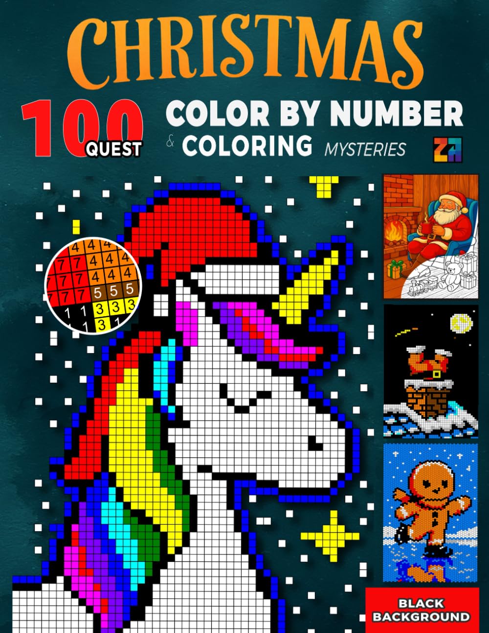 100 Quest Color by Number Mysteries & Christmas Coloring: Holiday Scenes & Mystery Mosaics Pixel Art — Squares, Hexagons, Dots & Triangles on Black Background | Relax, Reveal & Celebrate for Adults