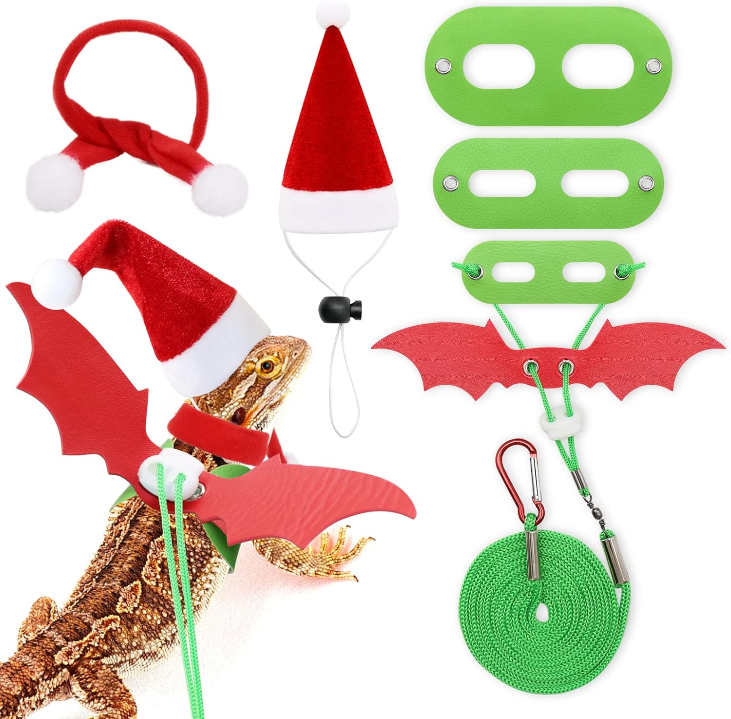 YUEPET Christmas Bearded Dragon Leash Harness with Santa Hat Scarf Bearded Dragon Christmas Costume 3 Size Packed with 6.2FT Leash…